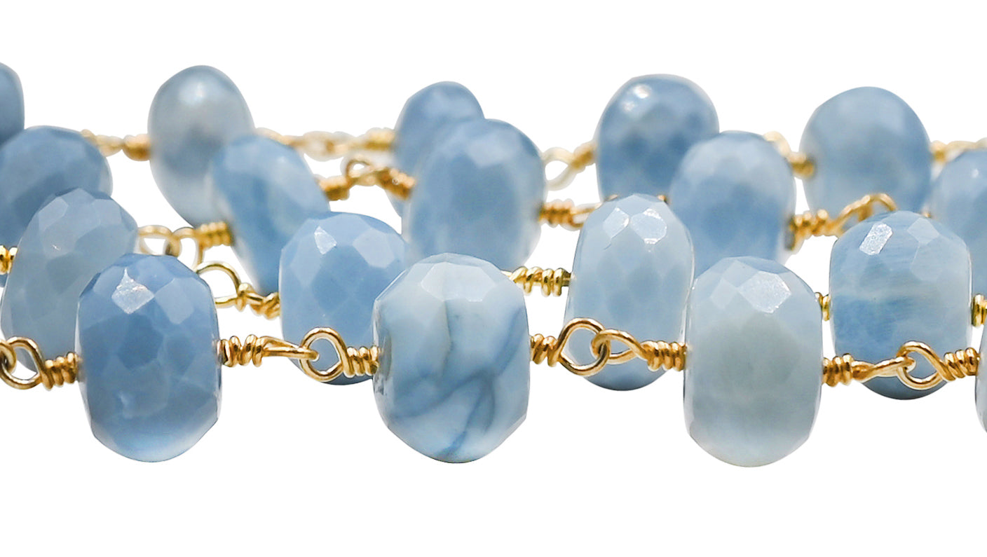  Blue Opal Faceted Rondelle Brass Gold Plated Wire Wrapped Chain Sold by Foot