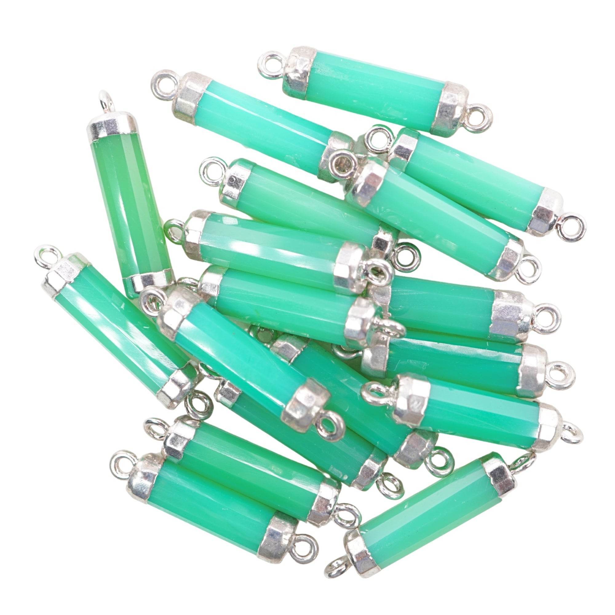 Chrysoprase Chalcedony Gemstone Barrel Shape Rhodium Electroplated Charm Connector
