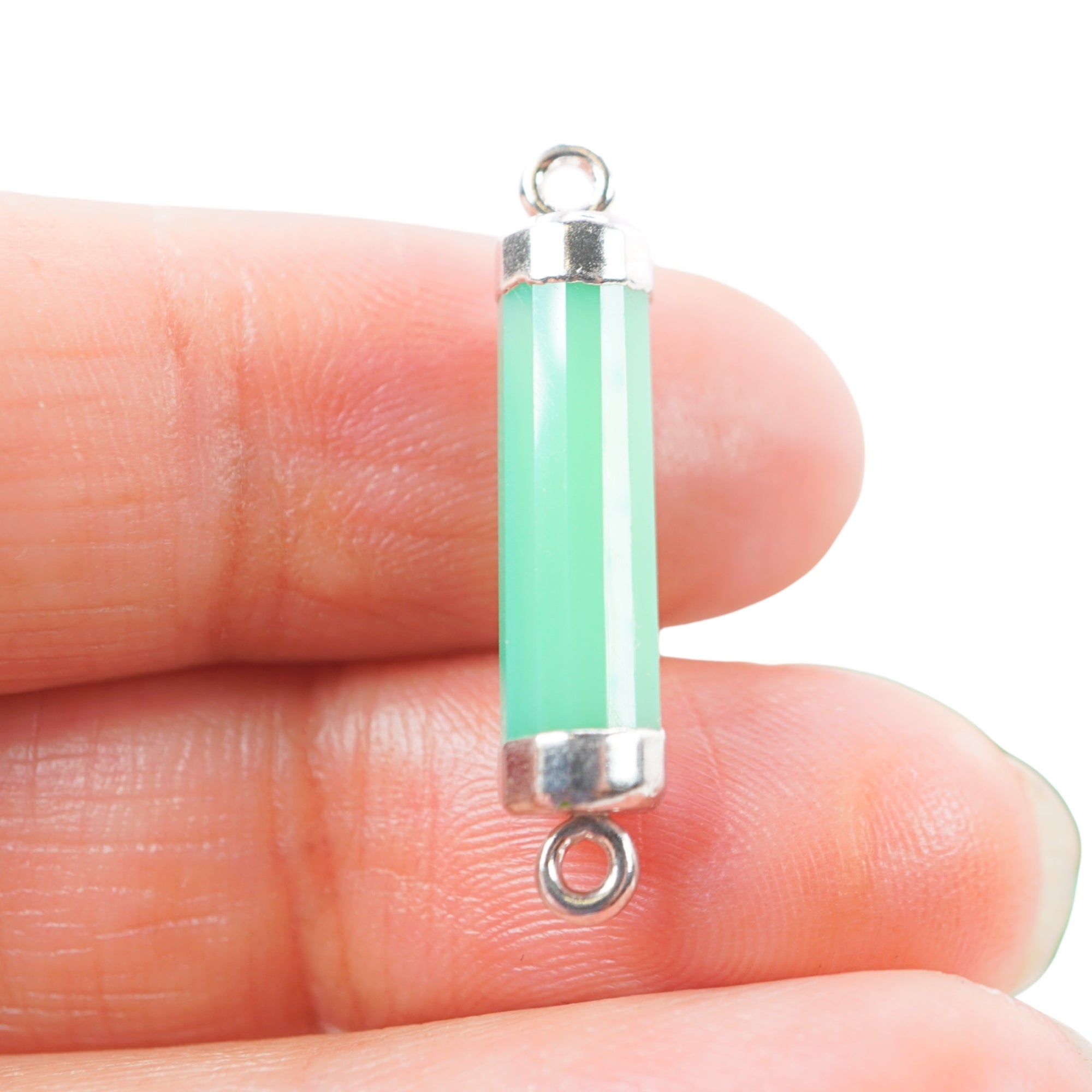 Chrysoprase Chalcedony Gemstone Barrel Shape Rhodium Electroplated Charm Connector