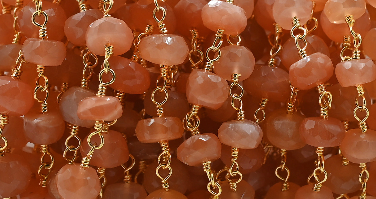 Peach Moonstone Faceted Rondelle Brass Gold Plated Wire Wrapped Chain Sold by Foot