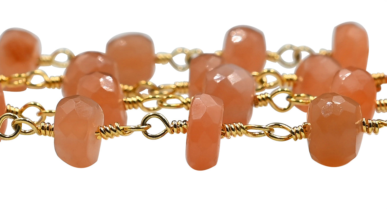 Peach Moonstone Faceted Rondelle Brass Gold Plated Wire Wrapped Chain Sold by Foot