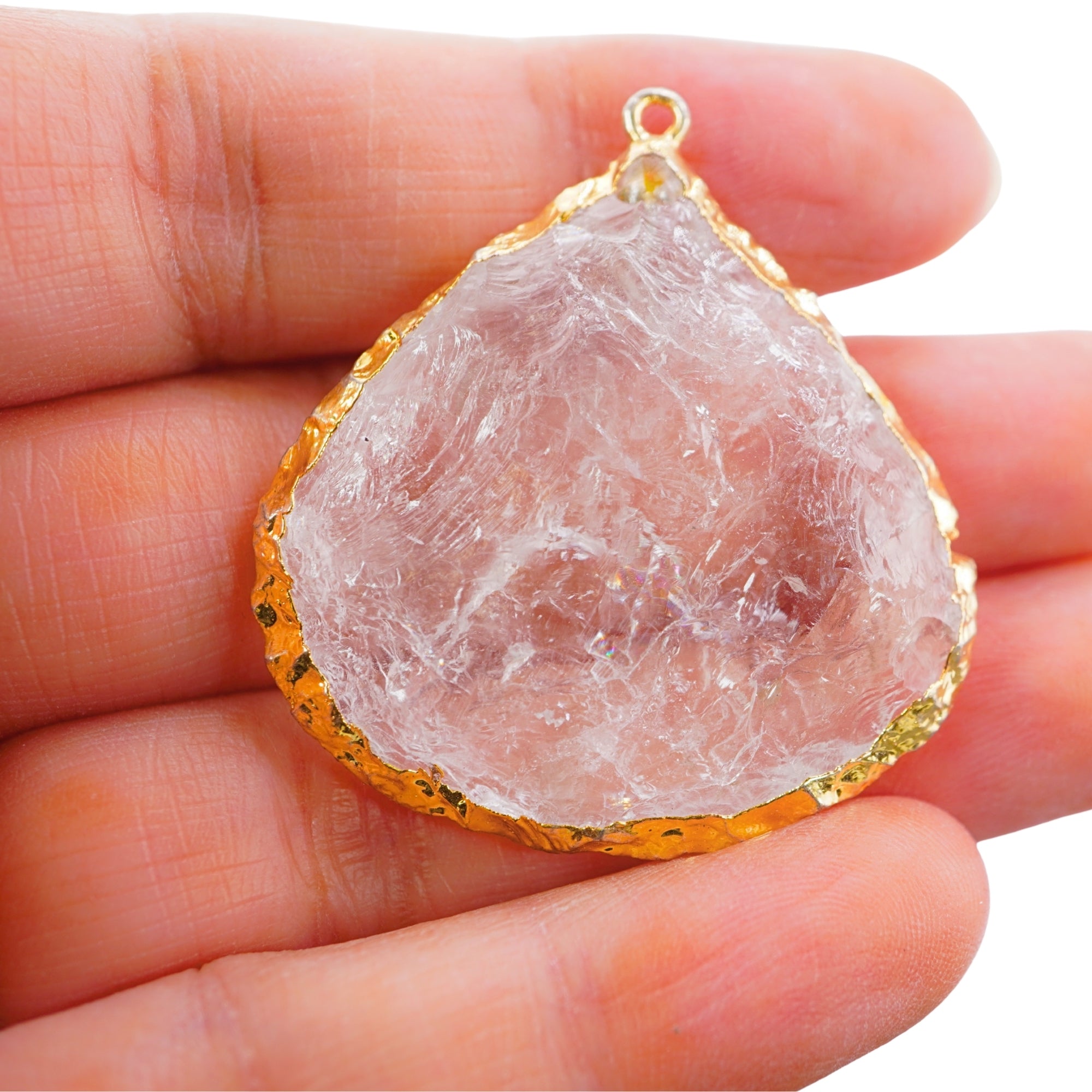Crystal Quartz Hand Knapped Big Heart Gemstone Gold Electroplated Charm Pendant