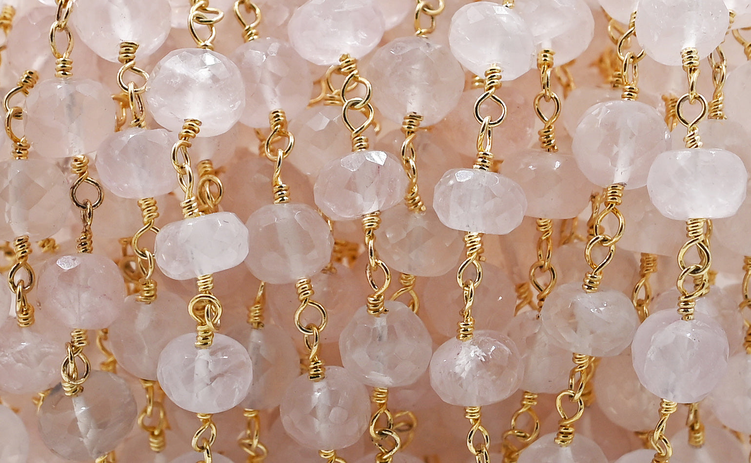 Rose Quartz Faceted Rondelle Brass Gold Plated Wire Wrapped Chain Sold by Foot