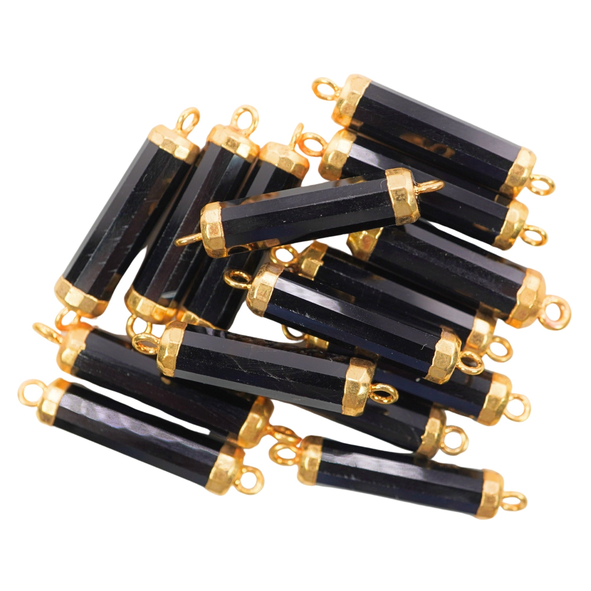 Black Onyx Barrel Shape Gemstone Gold Electroplated Charm Connector