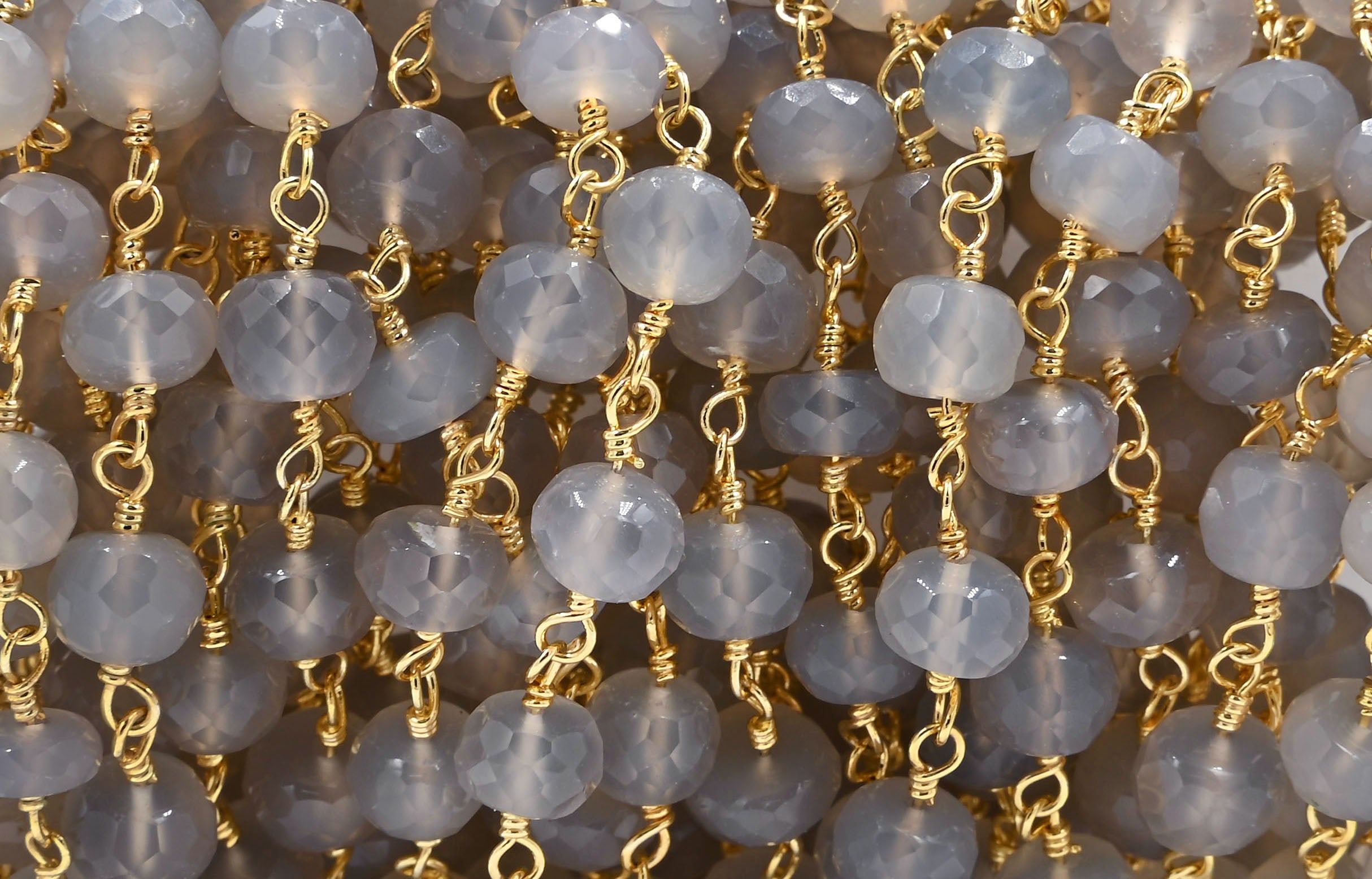 Chalcedony Faceted Rondelle Brass Gold Plated Wire Wrapped Chain Sold by Foot