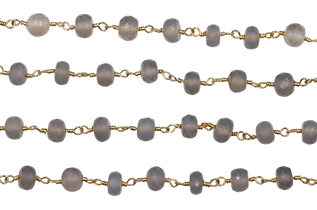 Chalcedony Faceted Rondelle Brass Gold Plated Wire Wrapped Chain Sold by Foot