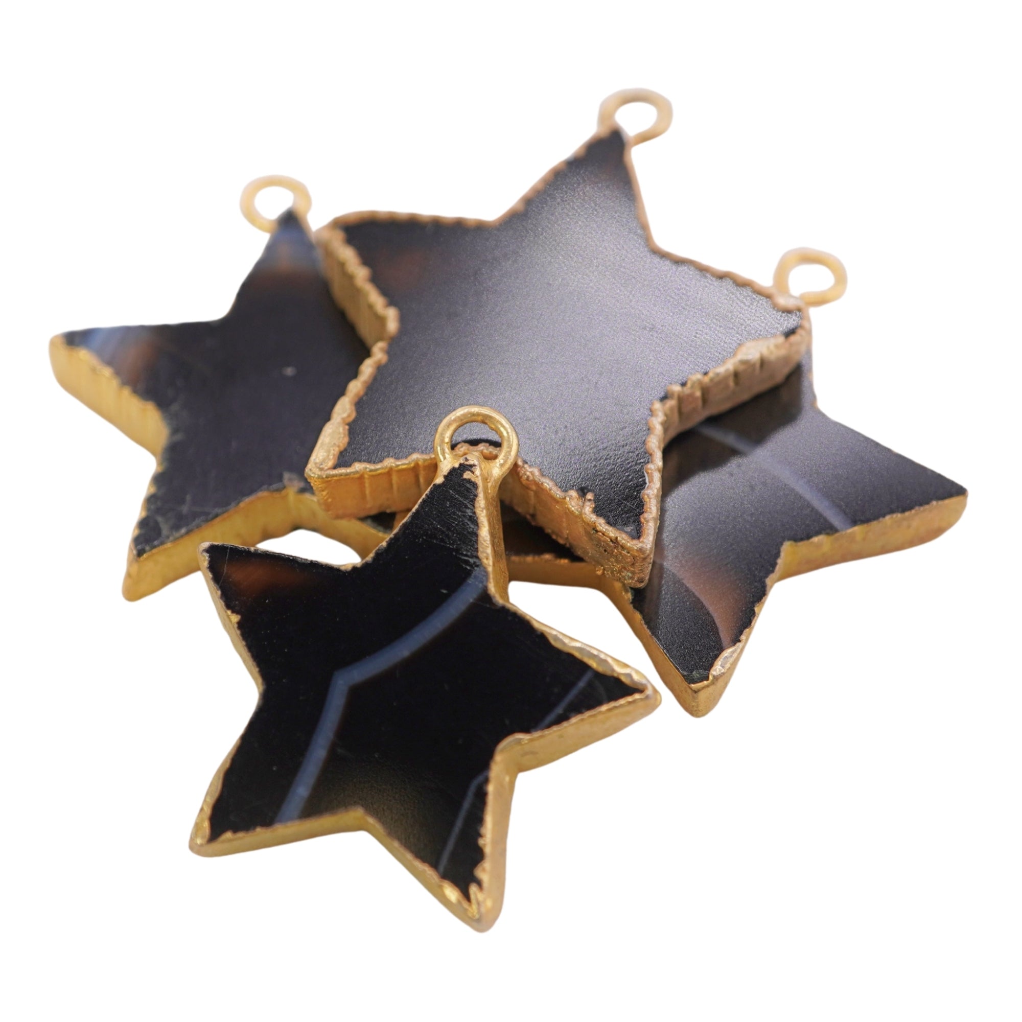 Black Banded Agate Carved Star Gemstone Gold Electroplated Pendant Charm 22.5 MM To 38.5 MM