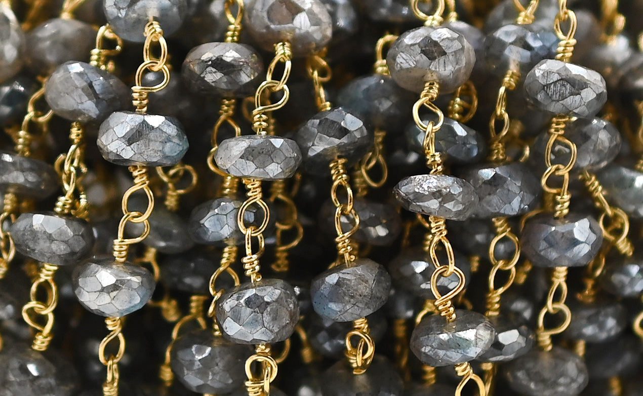 Mystic Labradorite Faceted Rondelle Brass Gold Plated Wire Wrapped Chain Sold by Foot