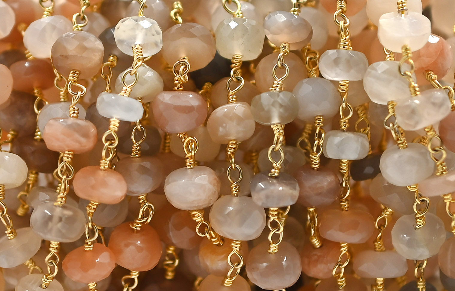 Multi Moonstone Faceted Rondelle Brass Gold Plated Wire Wrapped Chain Sold by Foot