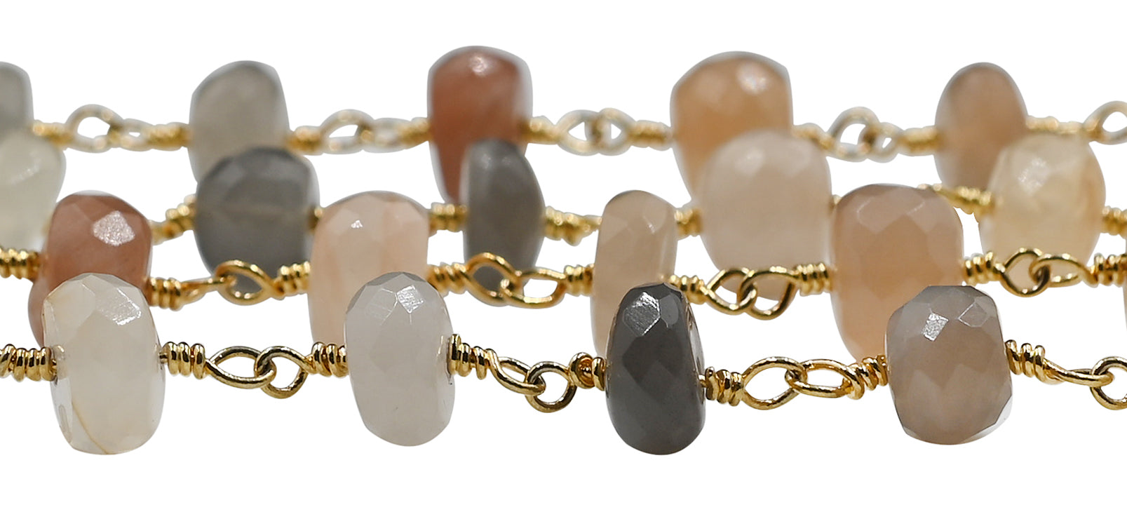 Multi Moonstone Faceted Rondelle Brass Gold Plated Wire Wrapped Chain Sold by Foot