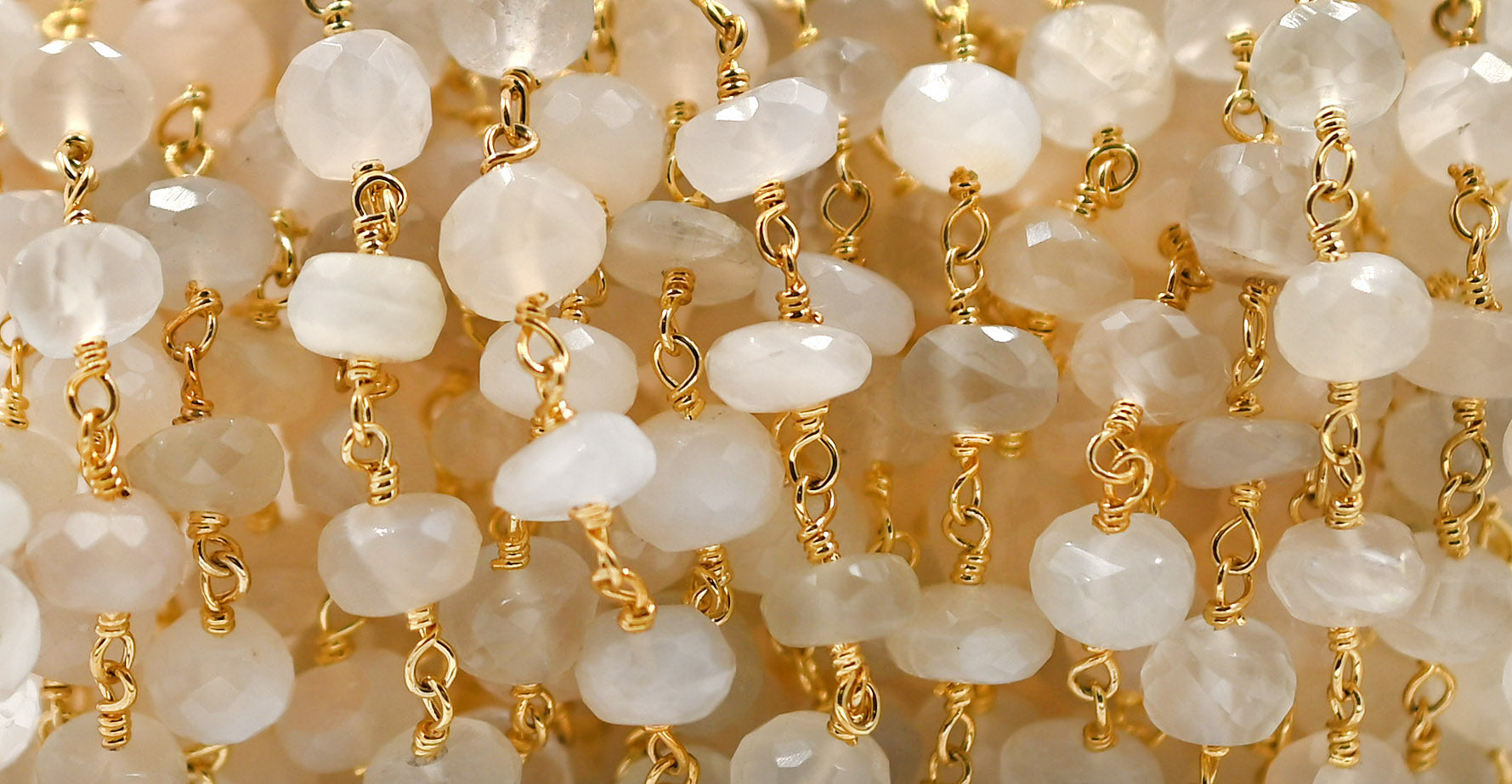 White Moonstone Faceted Rondelle Brass Gold Plated Wire Wrapped Chain Sold by Foot