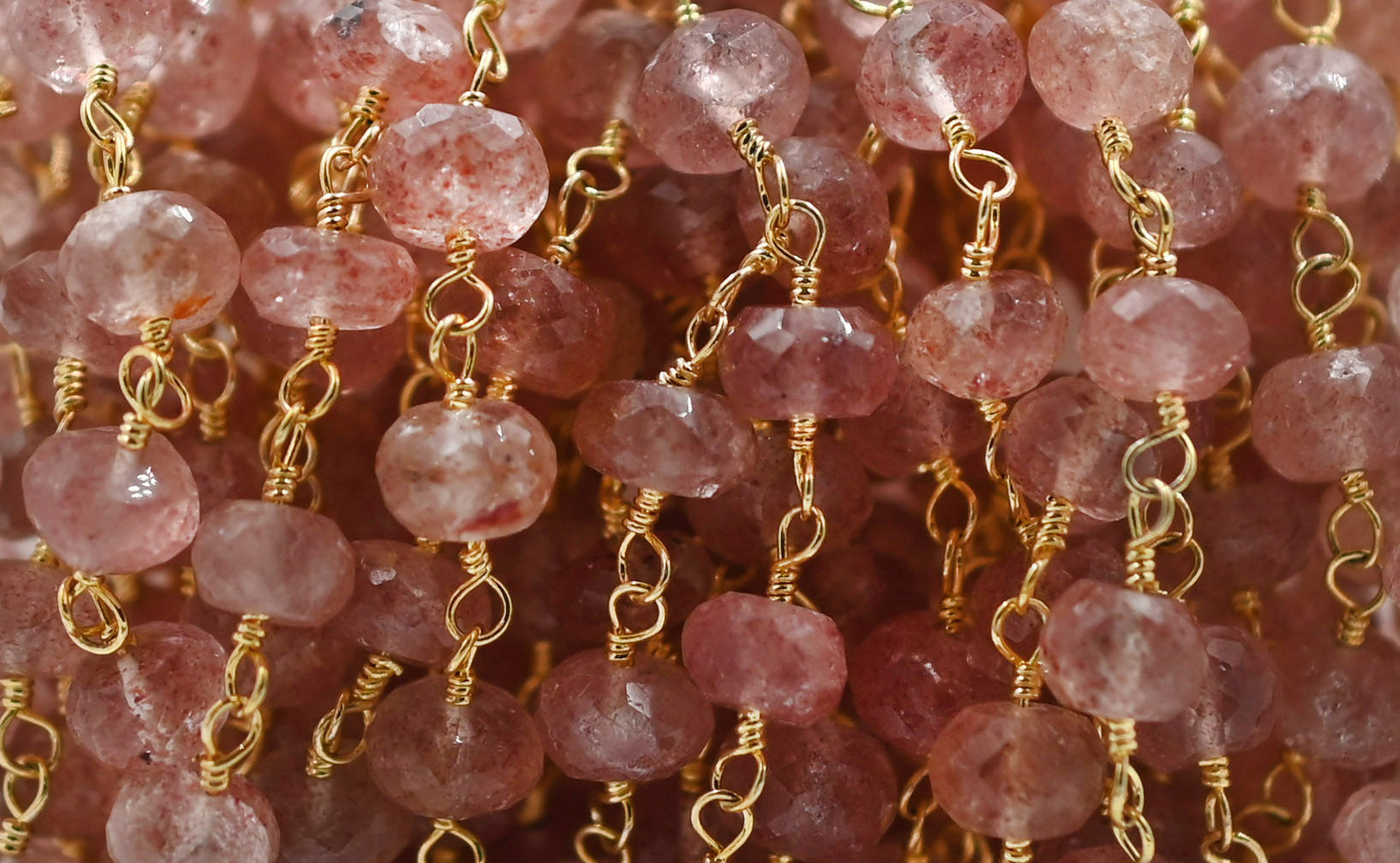 Strawberry Quartz Faceted Rondelle Brass Gold Plated Wire Wrapped Chain Sold by Foot