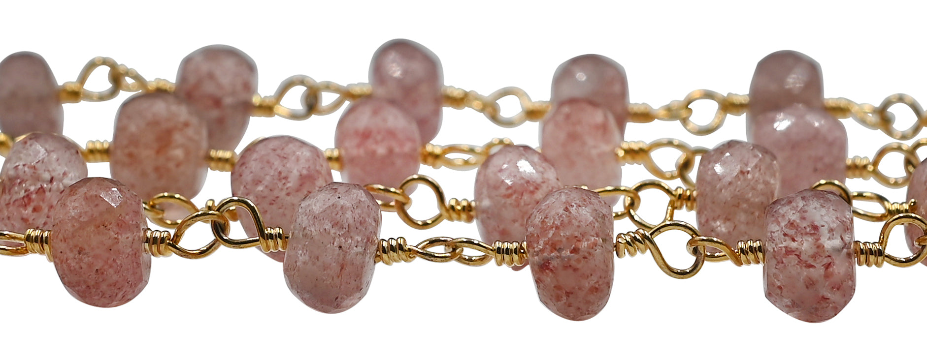 Strawberry Quartz Faceted Rondelle Brass Gold Plated Wire Wrapped Chain Sold by Foot