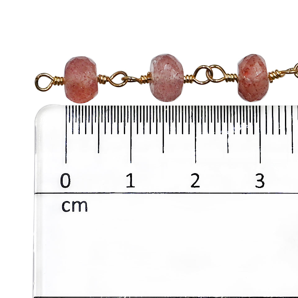 Strawberry Quartz Faceted Rondelle Brass Gold Plated Wire Wrapped Chain Sold by Foot