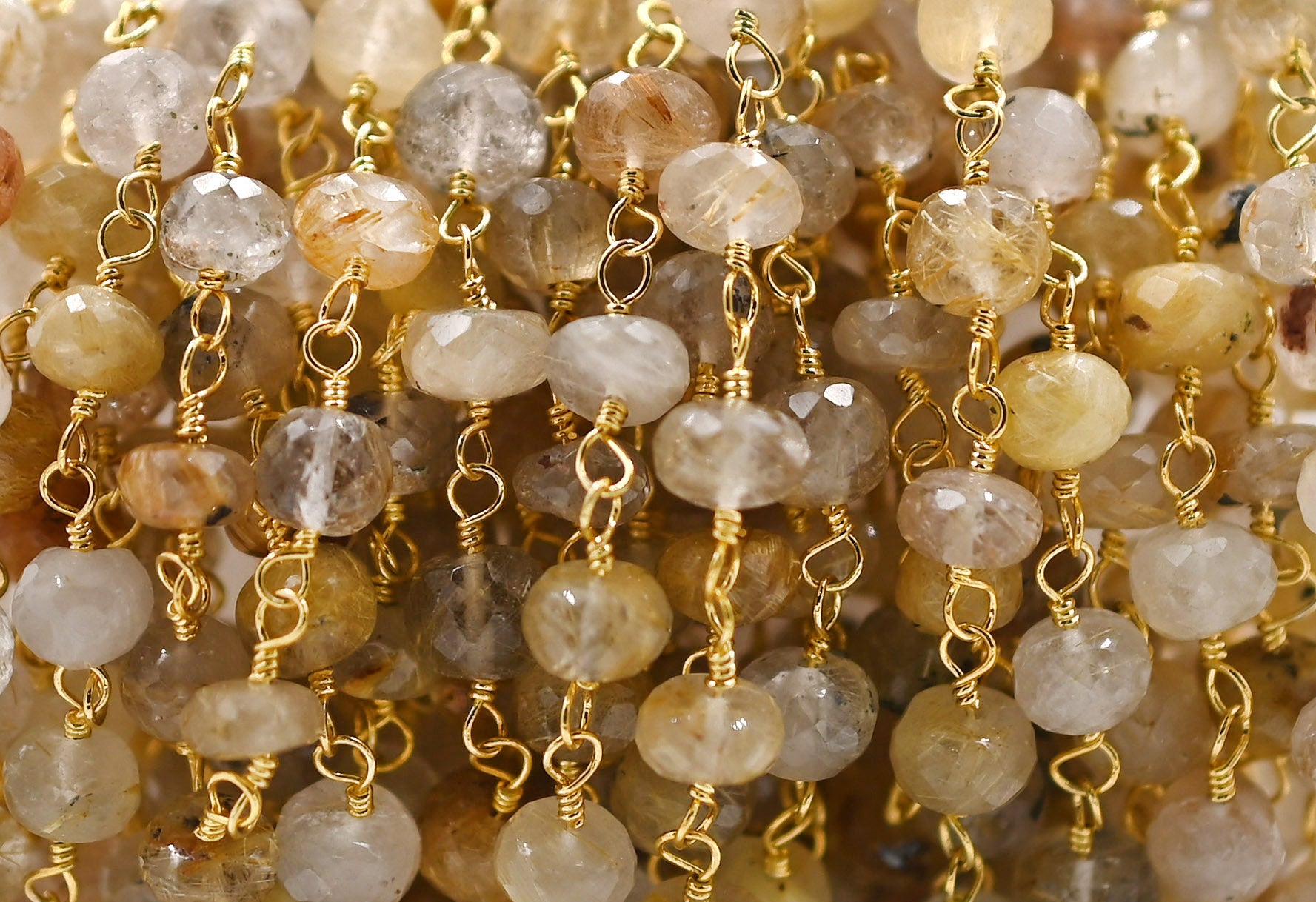 Golden Rutilated Quartz Faceted Rondelle Brass Gold Plated Wire Wrapped Chain Sold by Foot