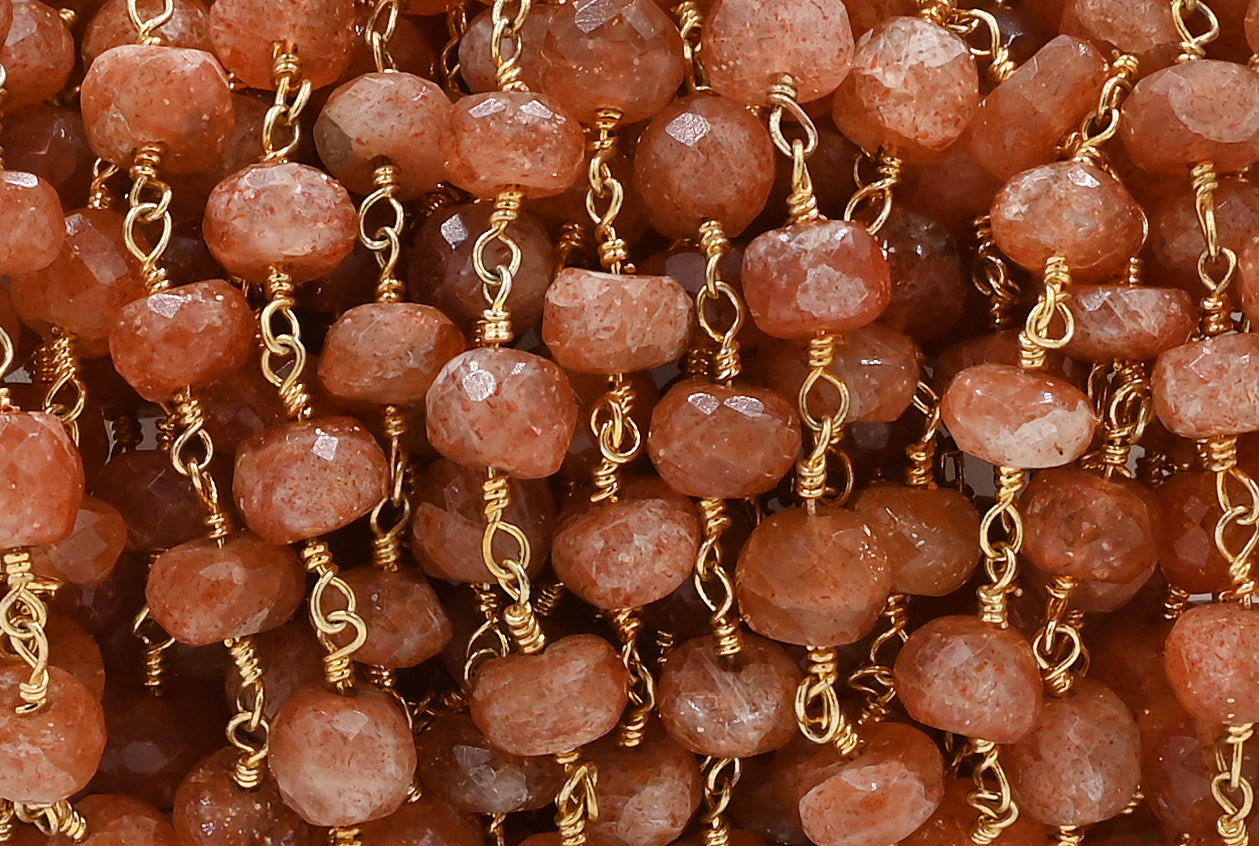 Red Sunstone Faceted Rondelle Brass Gold Plated Wire Wrapped Chain Sold by Foot