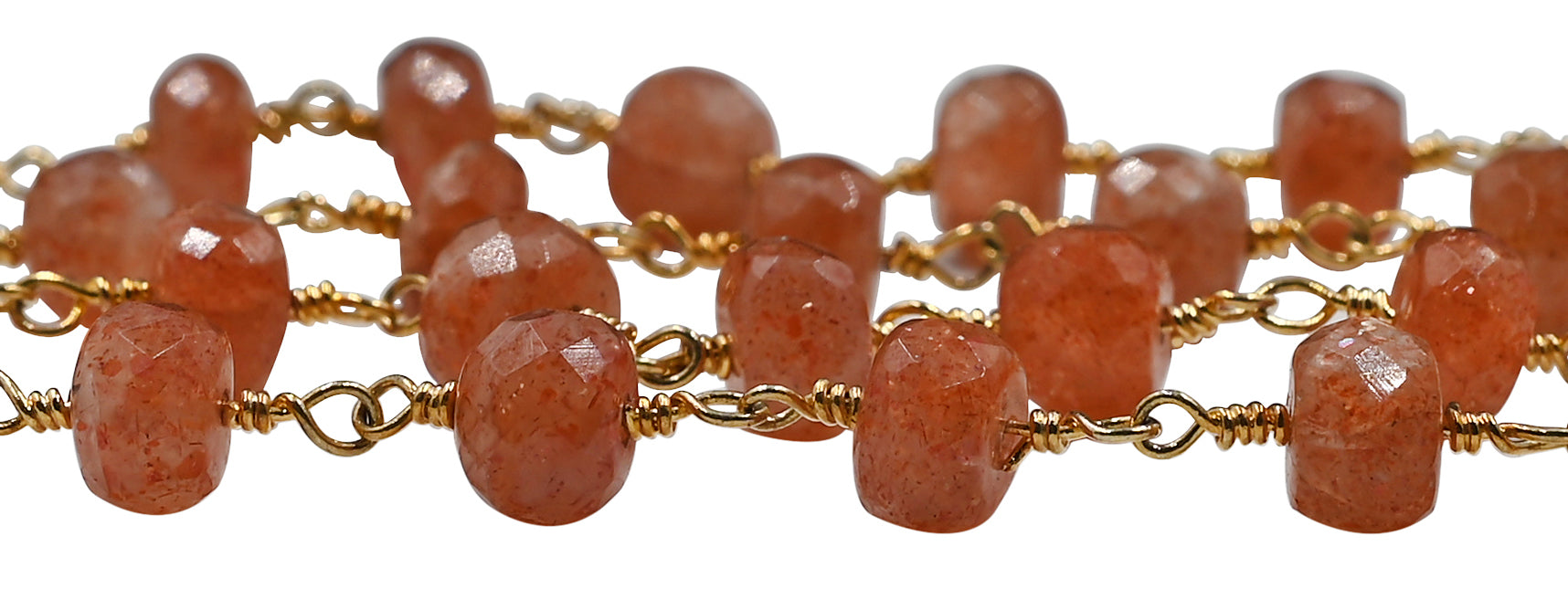 Red Sunstone Faceted Rondelle Brass Gold Plated Wire Wrapped Chain Sold by Foot