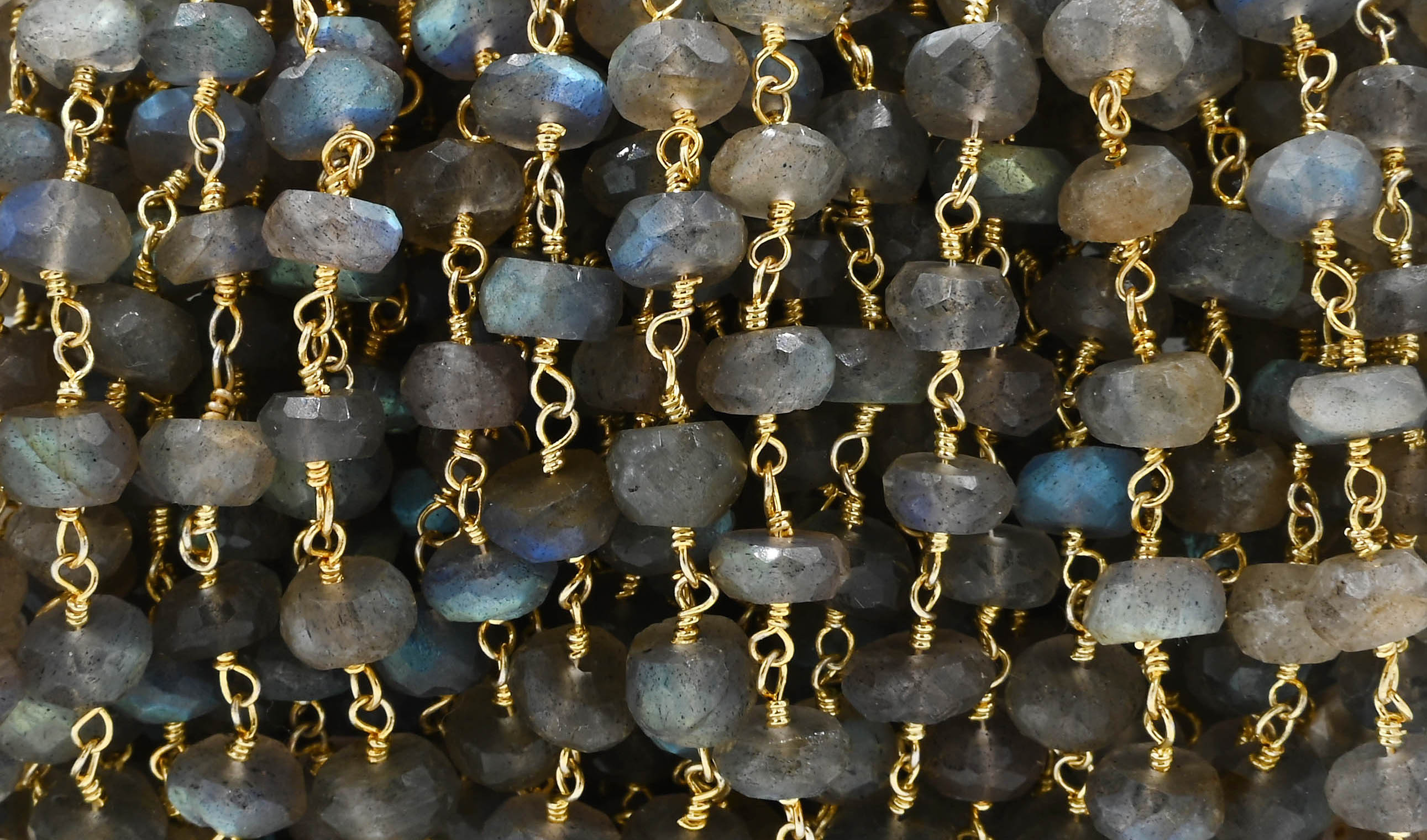 Labradorite Faceted Rondelle Brass Gold Plated Wire Wrapped Chain Sold by Foot