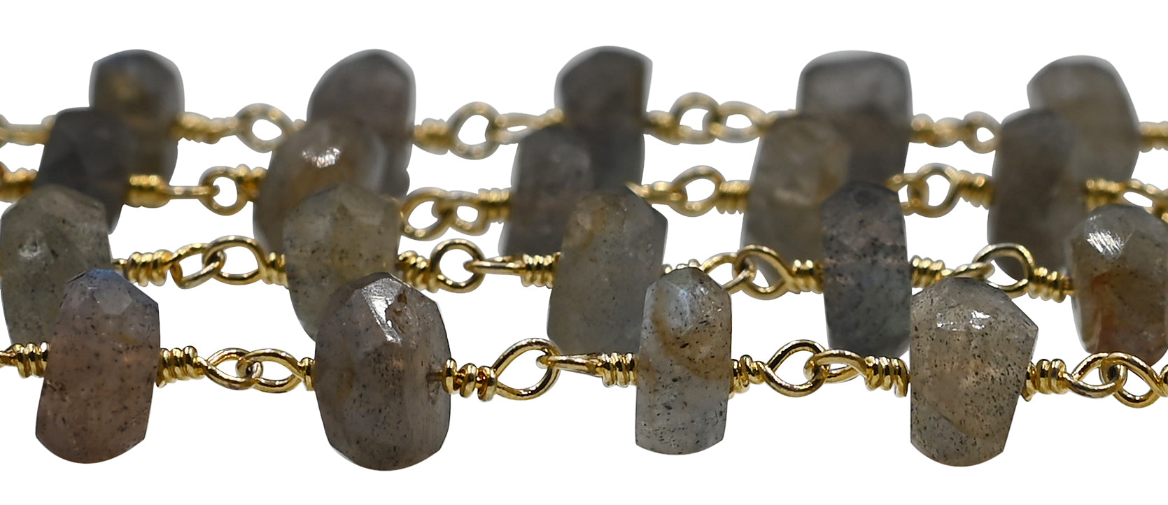 Labradorite Faceted Rondelle Brass Gold Plated Wire Wrapped Chain Sold by Foot