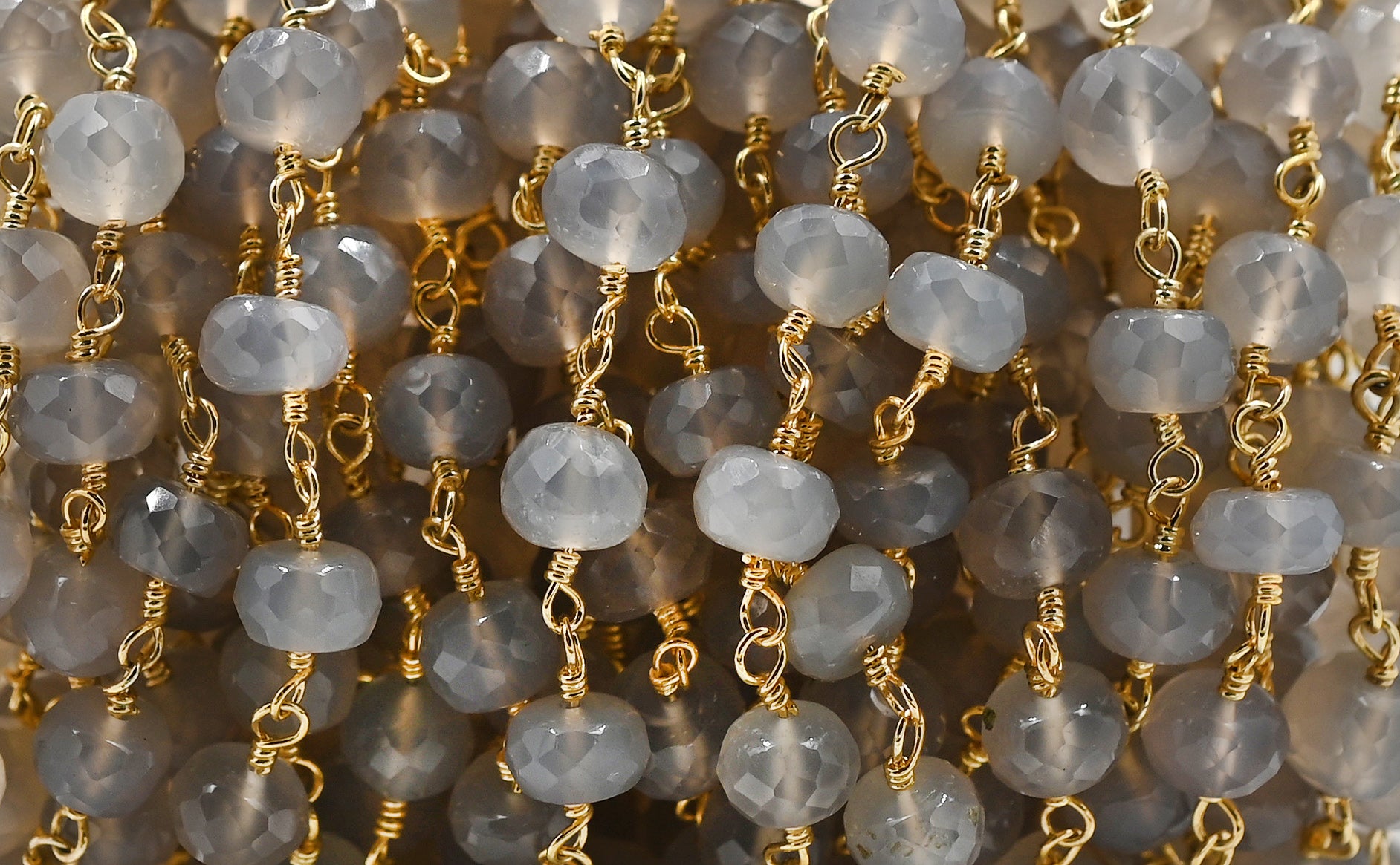 Gray Moonstone Faceted Rondelle Brass Gold Plated Wire Wrapped Chain Sold by Foot