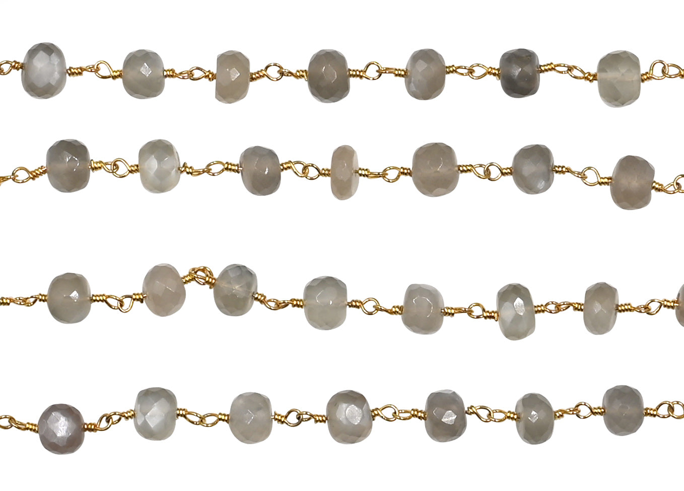 Gray Moonstone Faceted Rondelle Brass Gold Plated Wire Wrapped Chain Sold by Foot