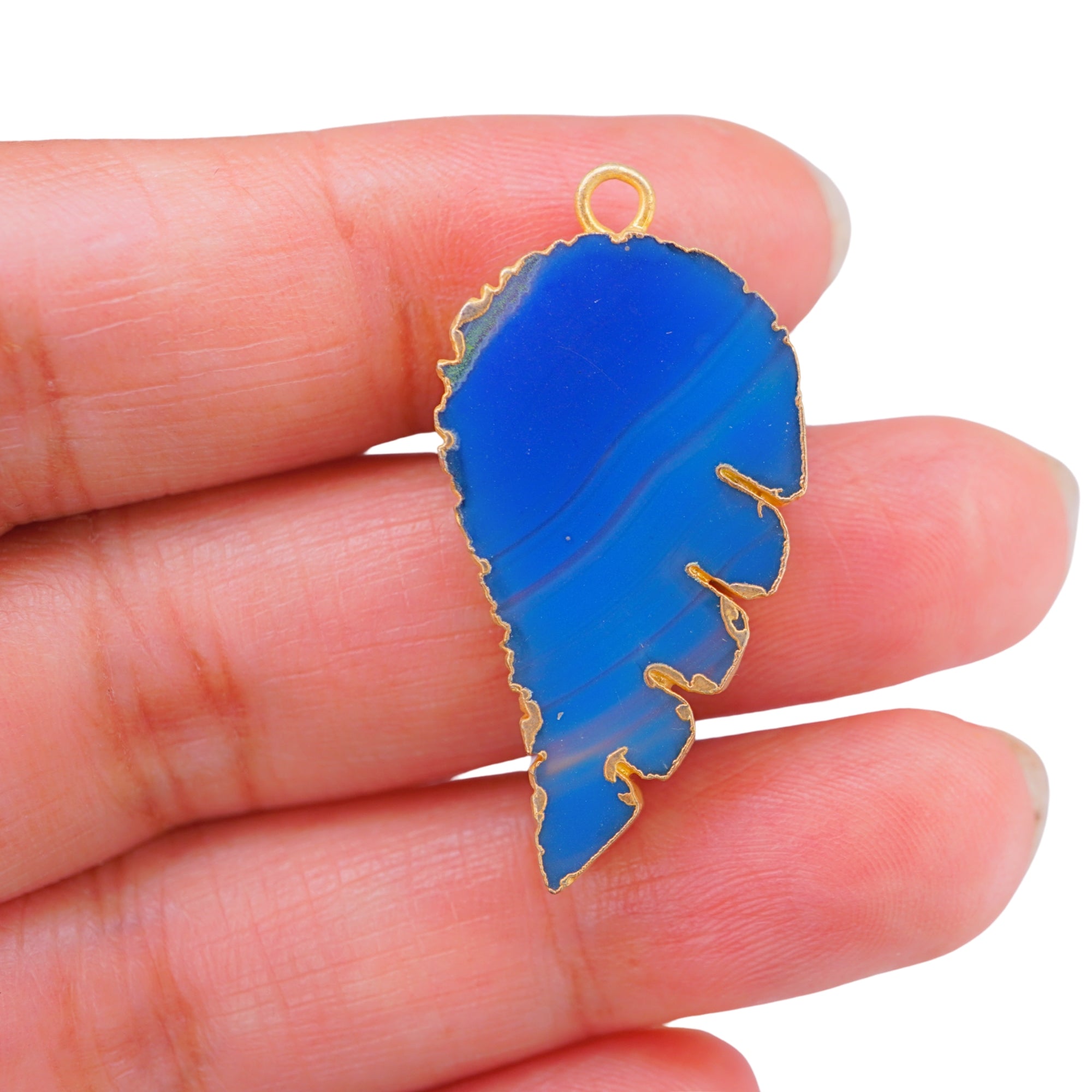 Blue Banded Agate Smooth Angel Wing Gemstone Gold Electroplated Charm Pendant 