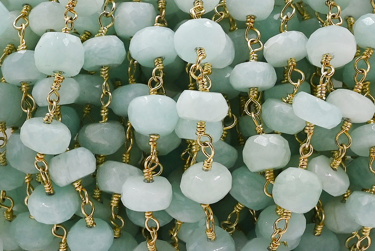 Amazonite Faceted Rondelle Brass Gold Plated Wire Wrapped Chain Sold by Foot