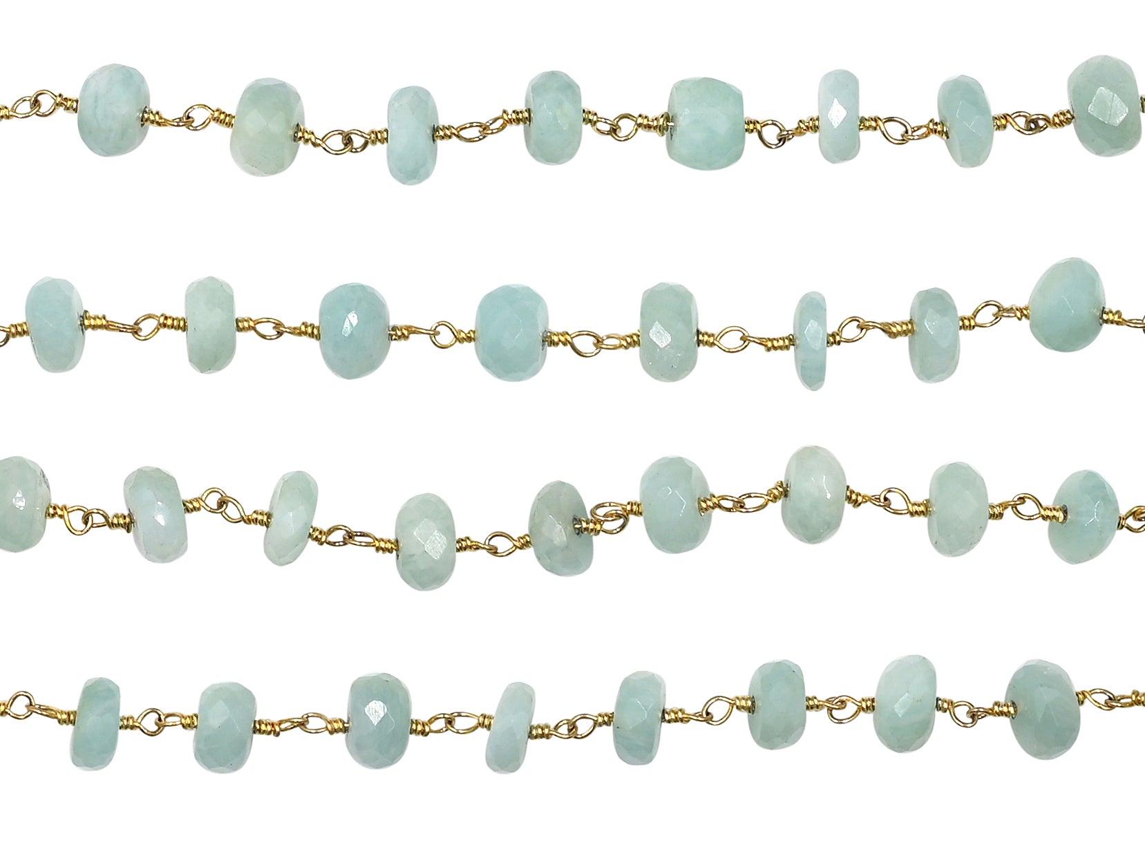 Amazonite Faceted Rondelle Brass Gold Plated Wire Wrapped Chain Sold by Foot