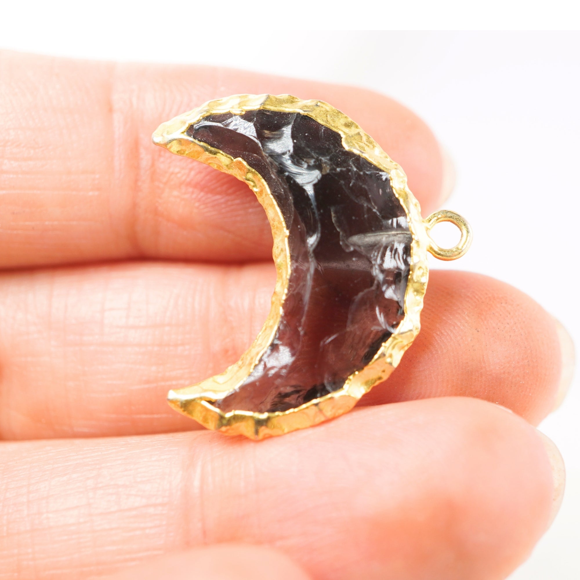 Smoky Obsidian Small Crescent Moon Shape Gemstone Gold Electroplated Charm Pendant 