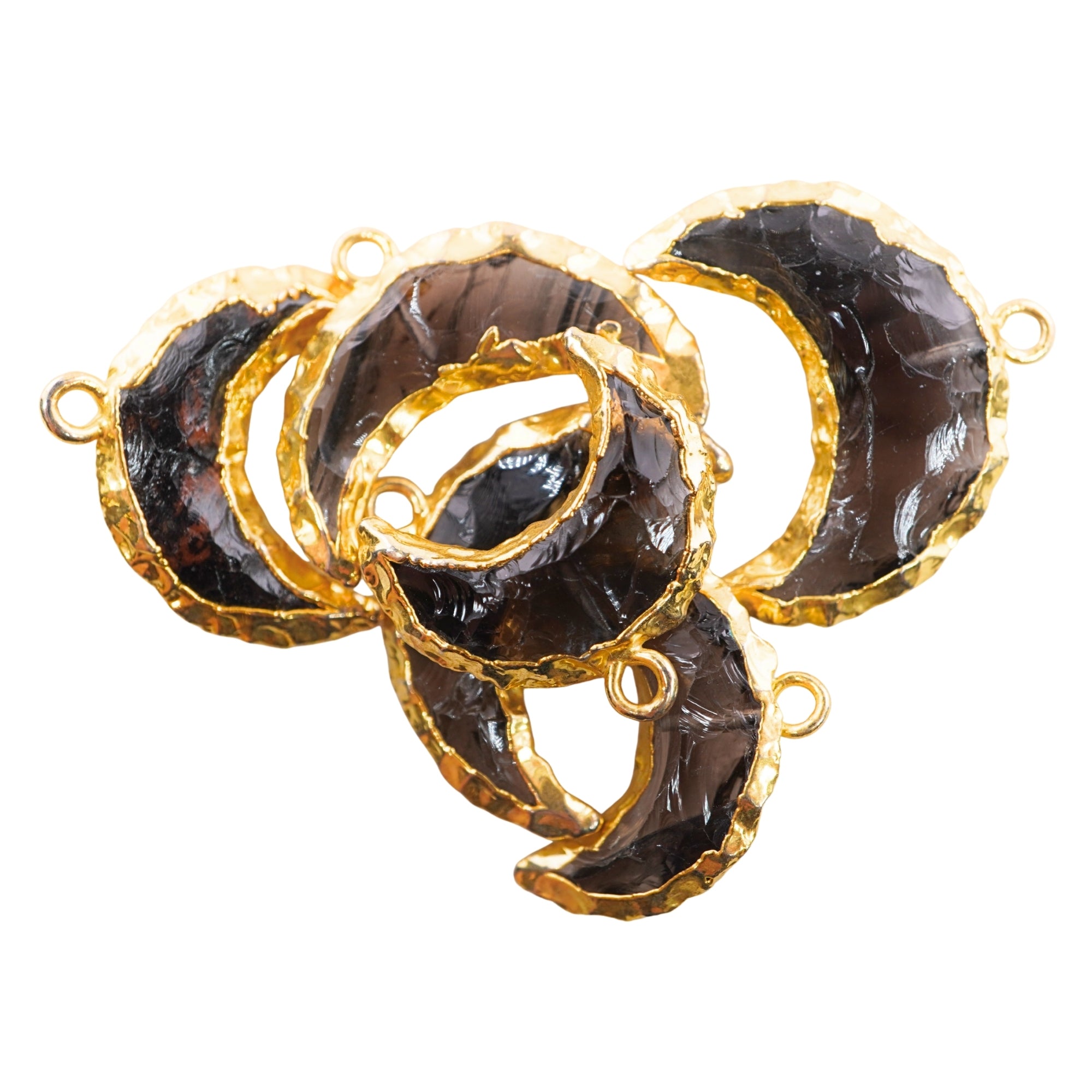 Smoky Obsidian Small Crescent Moon Shape Gemstone Gold Electroplated Charm Pendant 