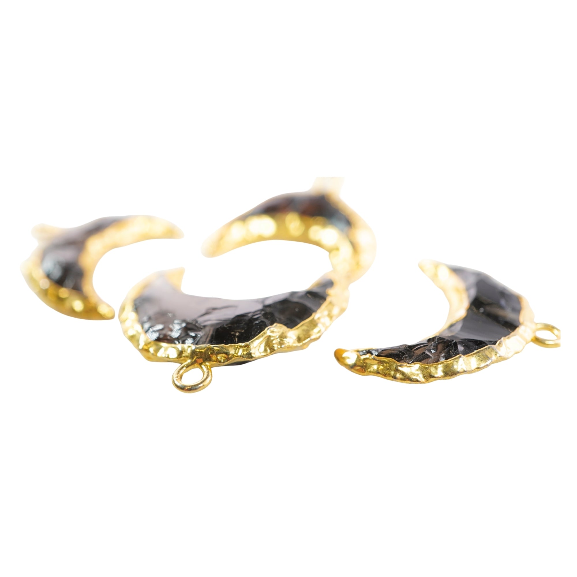 Smoky Obsidian Small Crescent Moon Shape Gemstone Gold Electroplated Charm Pendant 