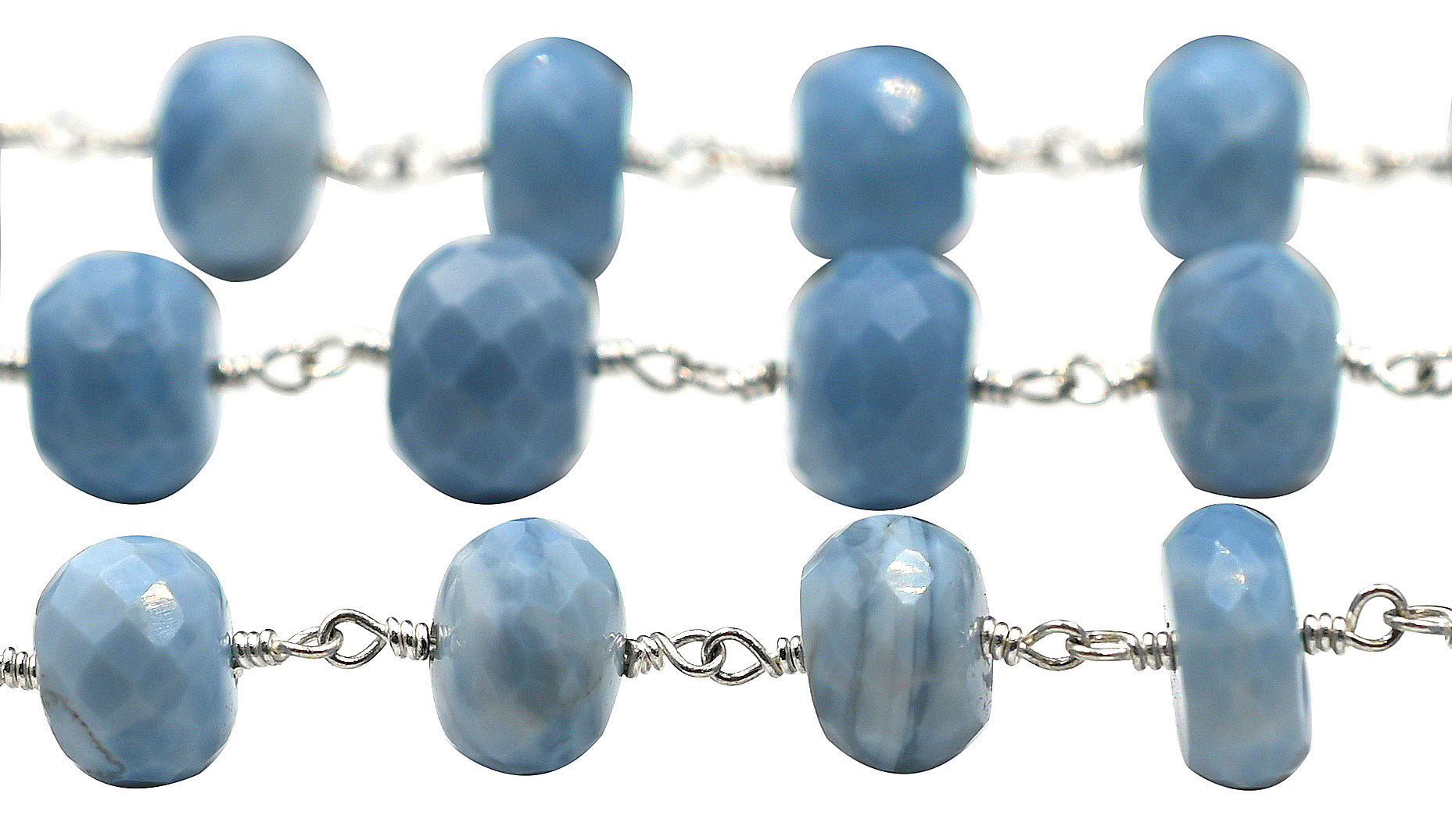 Blue Opal Faceted Rondelle Brass Silver Plated Wire Wrapped Chain Sold by Foot