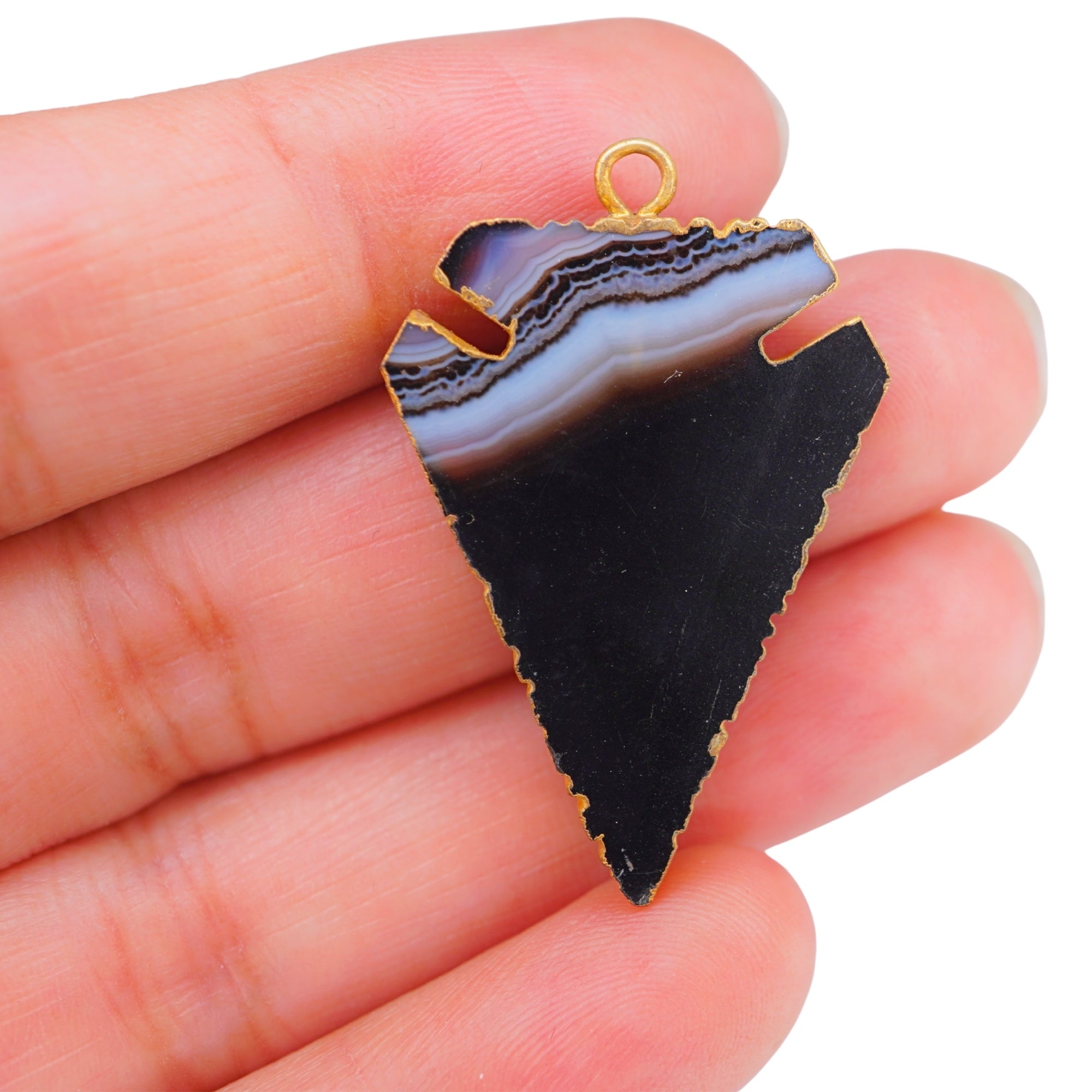 Black Banded Agate Chalcedony Arrowhead Gold Electroplated Pendant Charm