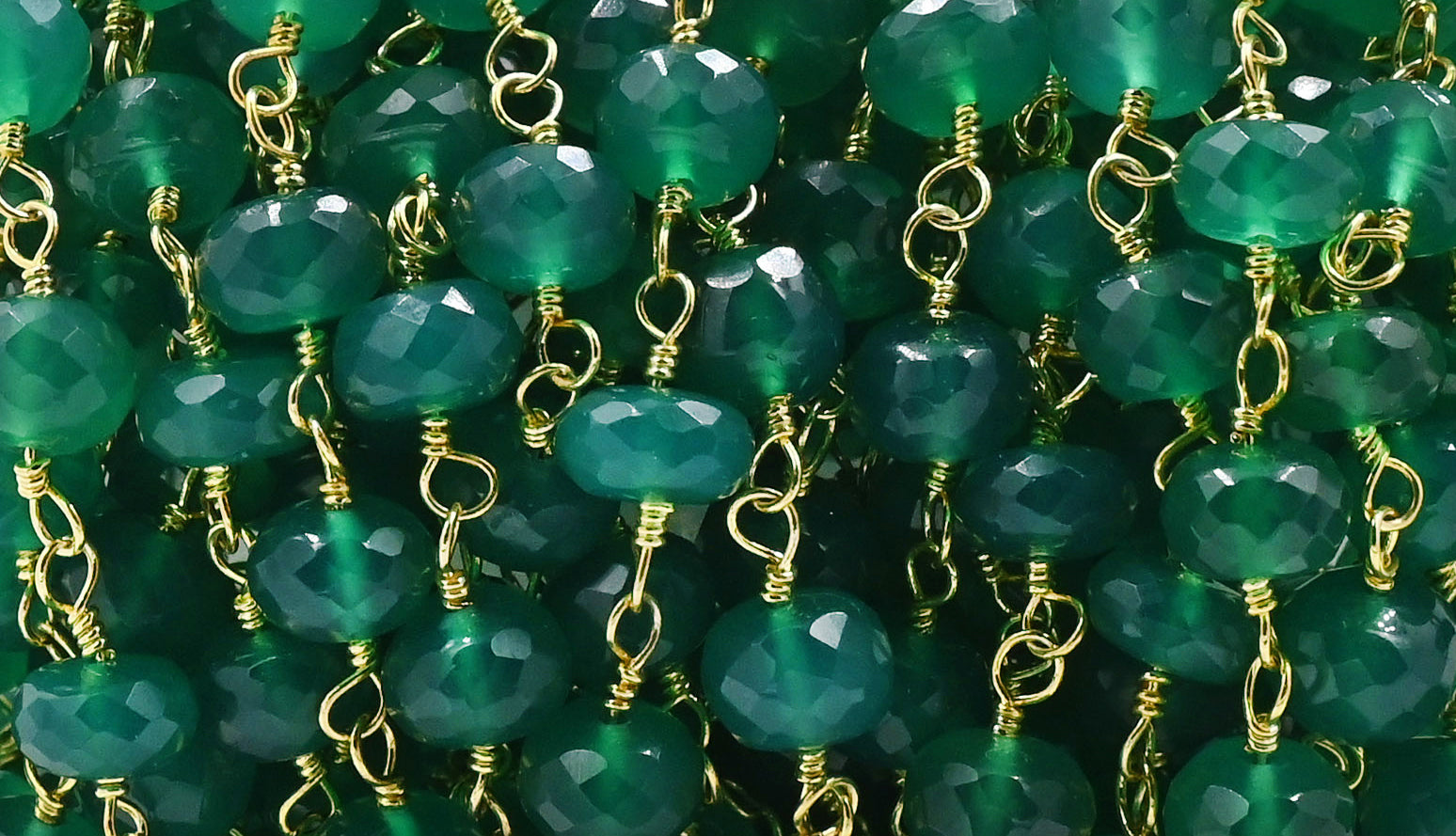 Green Onyx Faceted Rondelle Brass Gold Plated Wire Wrapped Chain Sold by Foot