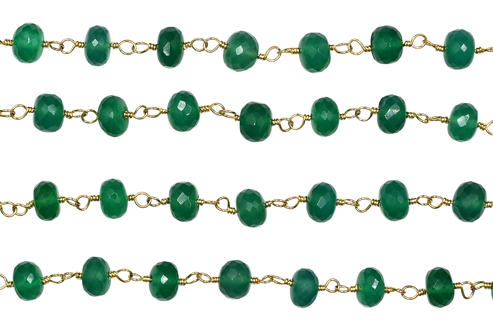 Green Onyx Faceted Rondelle Brass Gold Plated Wire Wrapped Chain Sold by Foot