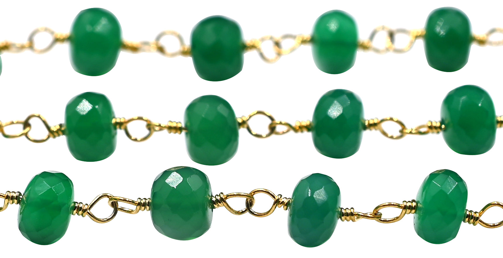 Green Onyx Faceted Rondelle Brass Gold Plated Wire Wrapped Chain Sold by Foot