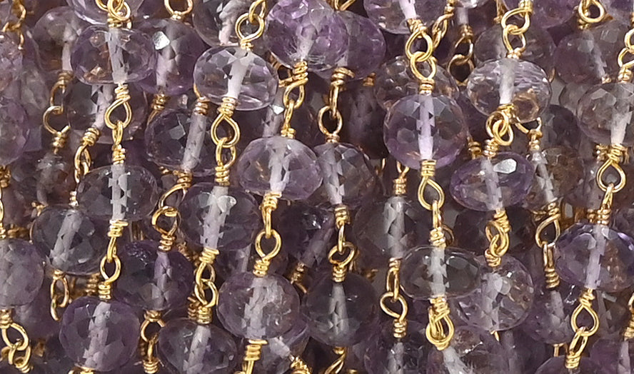 Amethyst Faceted Rondelle Brass Gold Plated Wire Wrapped Chain Sold by Foot