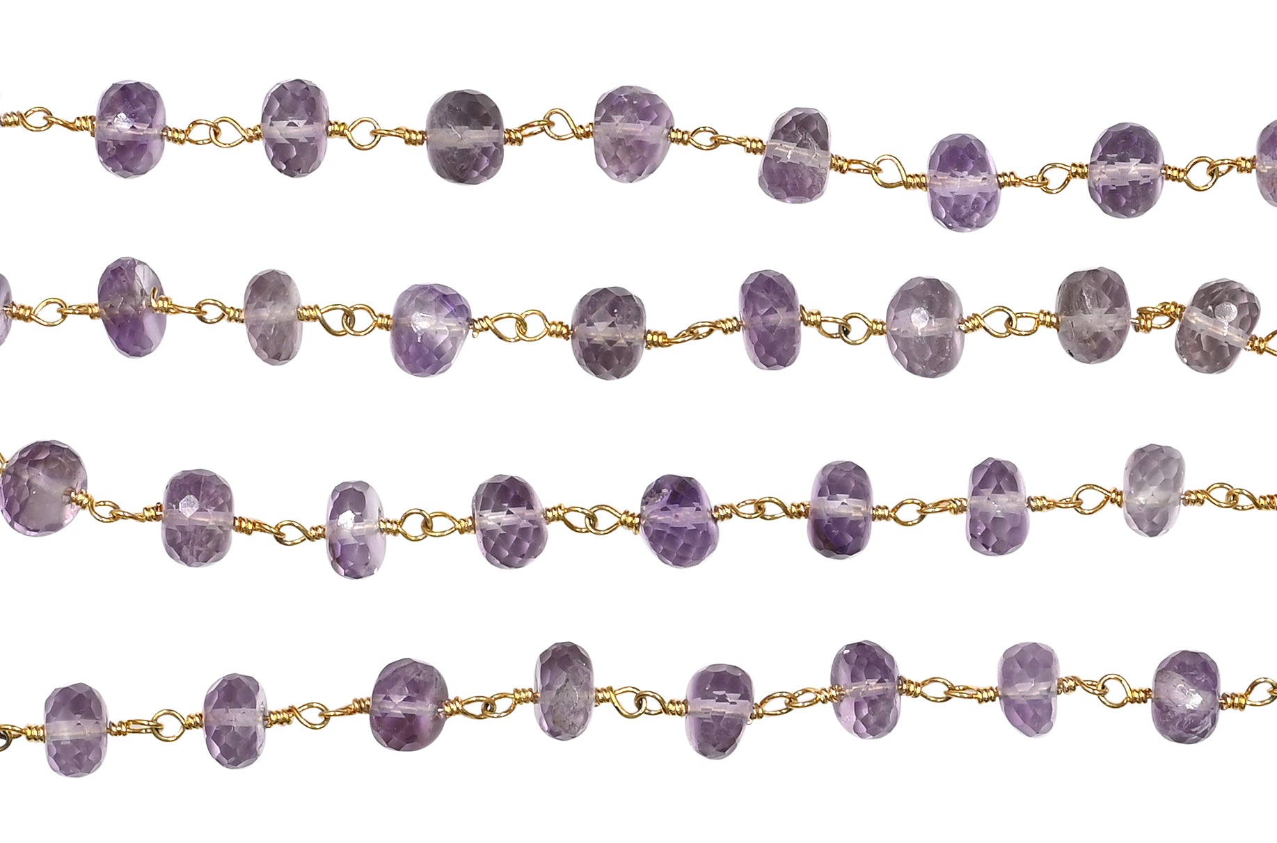 Amethyst Faceted Rondelle Brass Gold Plated Wire Wrapped Chain Sold by Foot