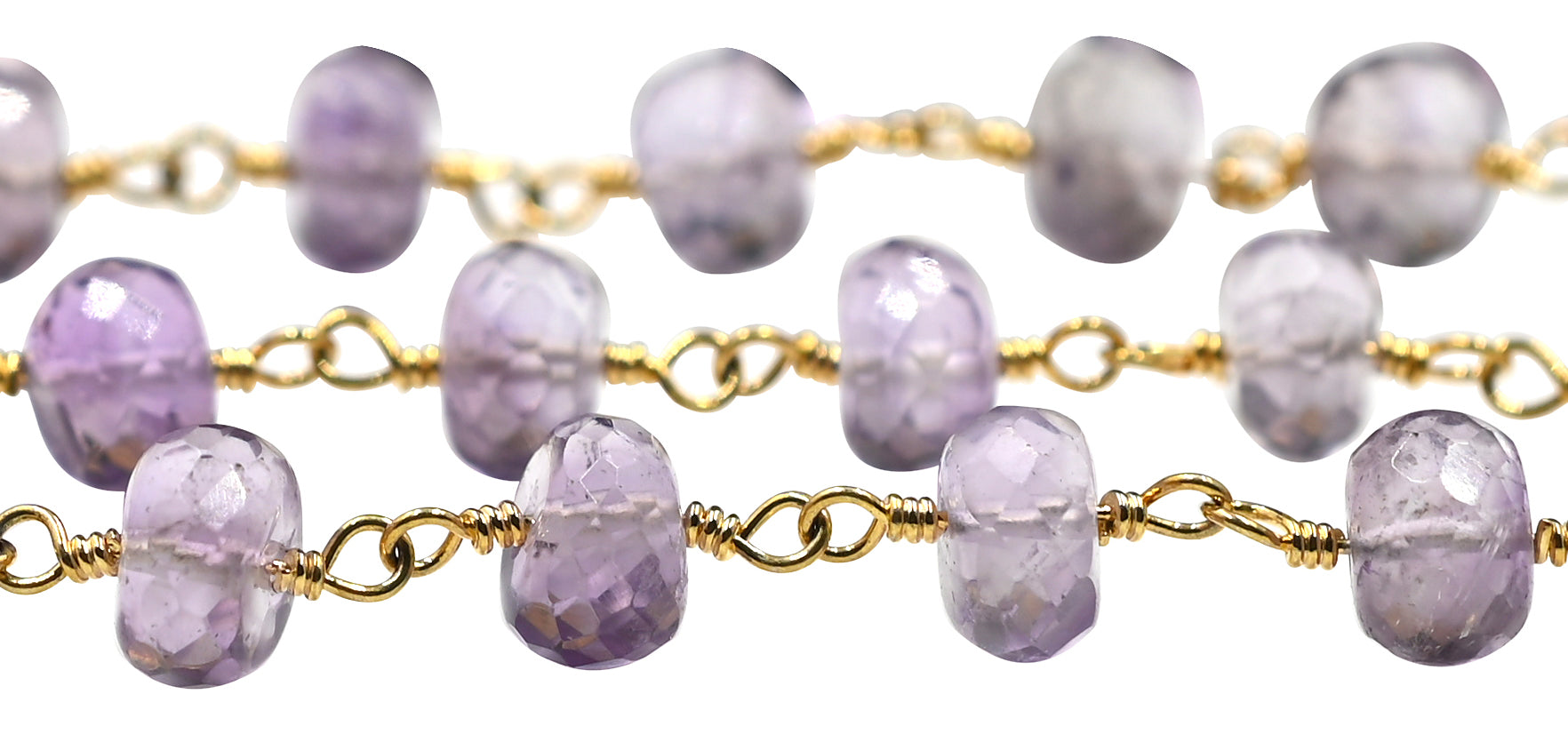 Amethyst Faceted Rondelle Brass Gold Plated Wire Wrapped Chain Sold by Foot