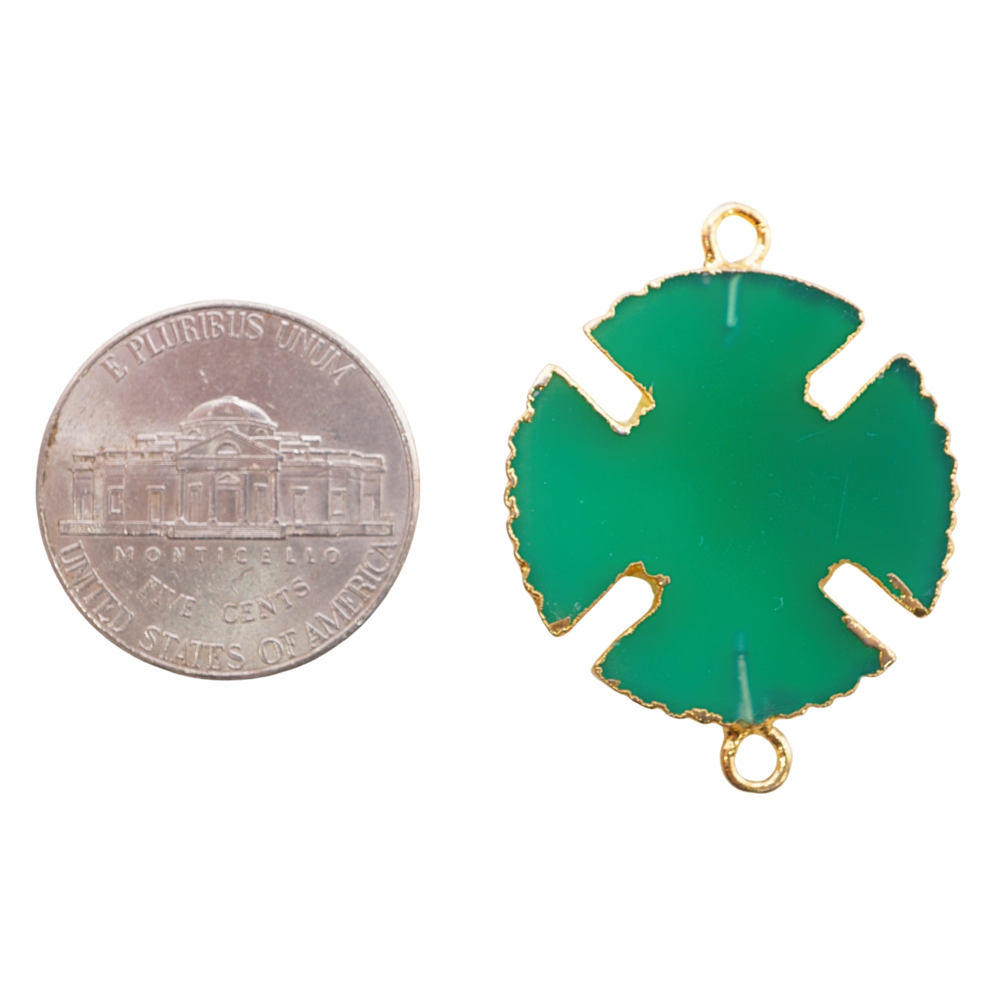 Green Chalcedony Viking Cross Shape Gemstone Gold Electroplated Charm Connector