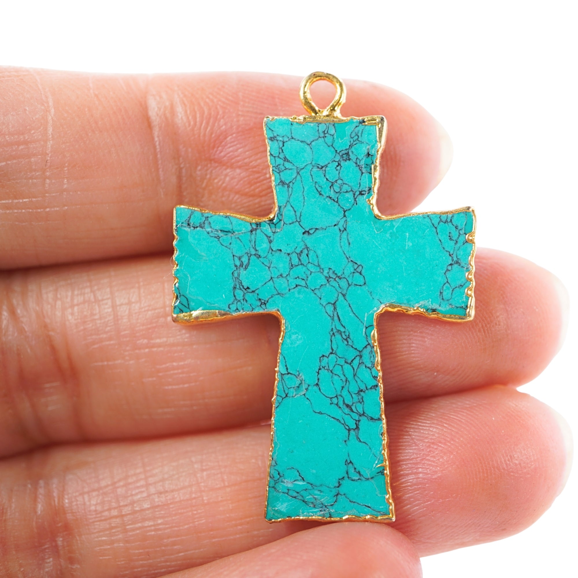 Tibetan Turquoise Manmade Cross Shape Gemstone Gold Electroplate Charm Pendant 