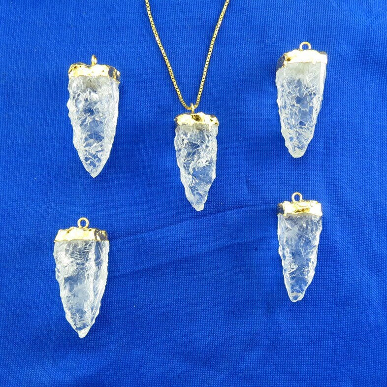 Crystal Quartz 4 Side Hand knapped Tooth Gold Electroplated Charm Pendant 