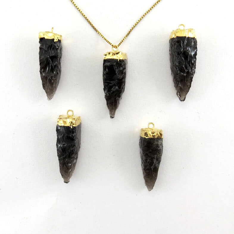 Black Obsidian Tooth Shape Gemstone Gold Electroplated Charm Pendant 