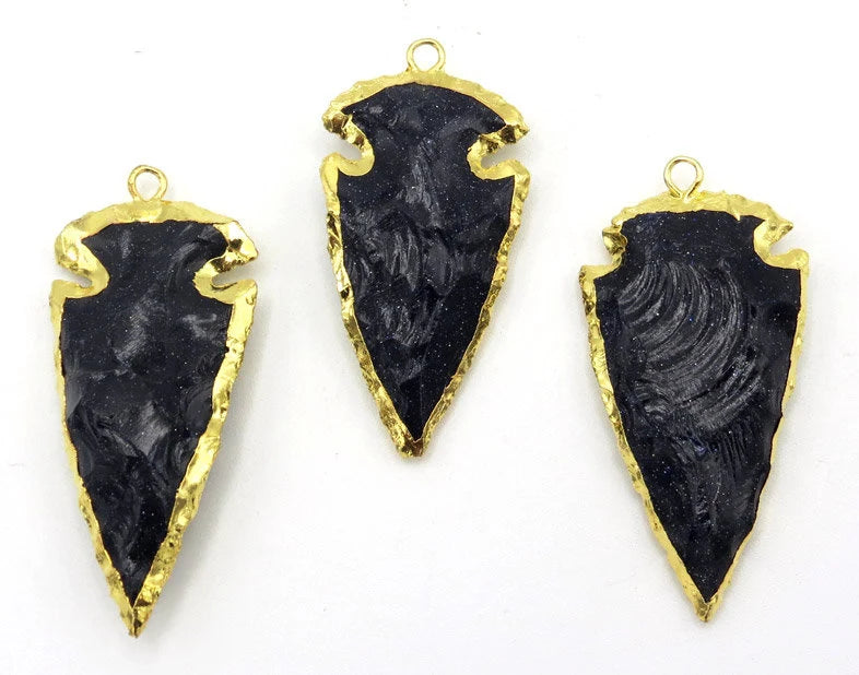 Blue Goldstone Arrowhead Gemstone Gold Electroplated Charm Pendant 