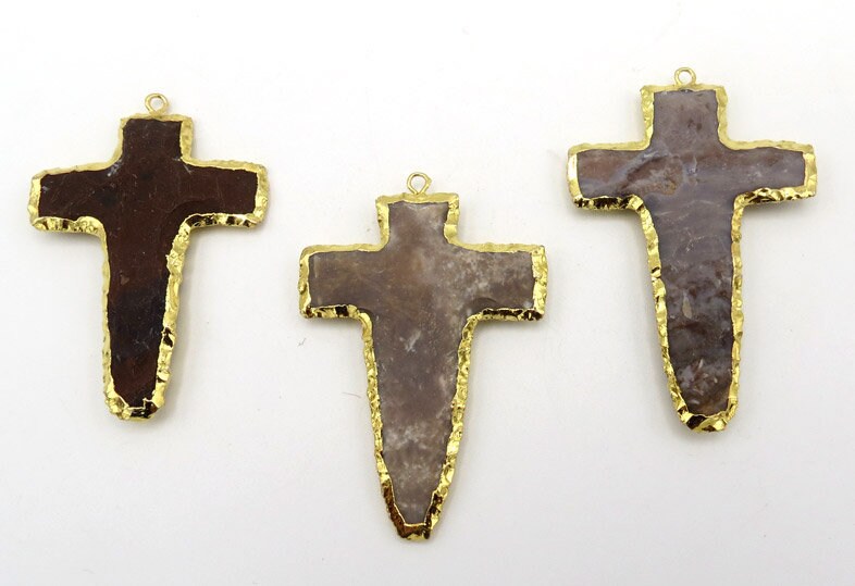 Agate Cross Shape Gemstone Gold Electroplate Charm Pendant