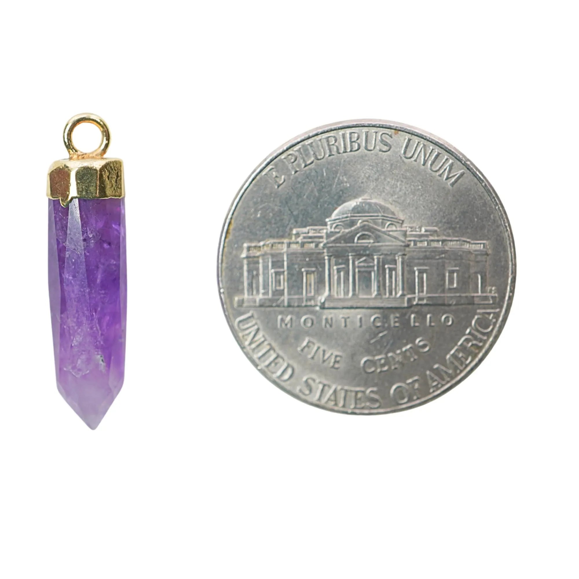 Amethyst Faceted Point Pencil Shape Gemstone Gold Electroplated Charm Pendant