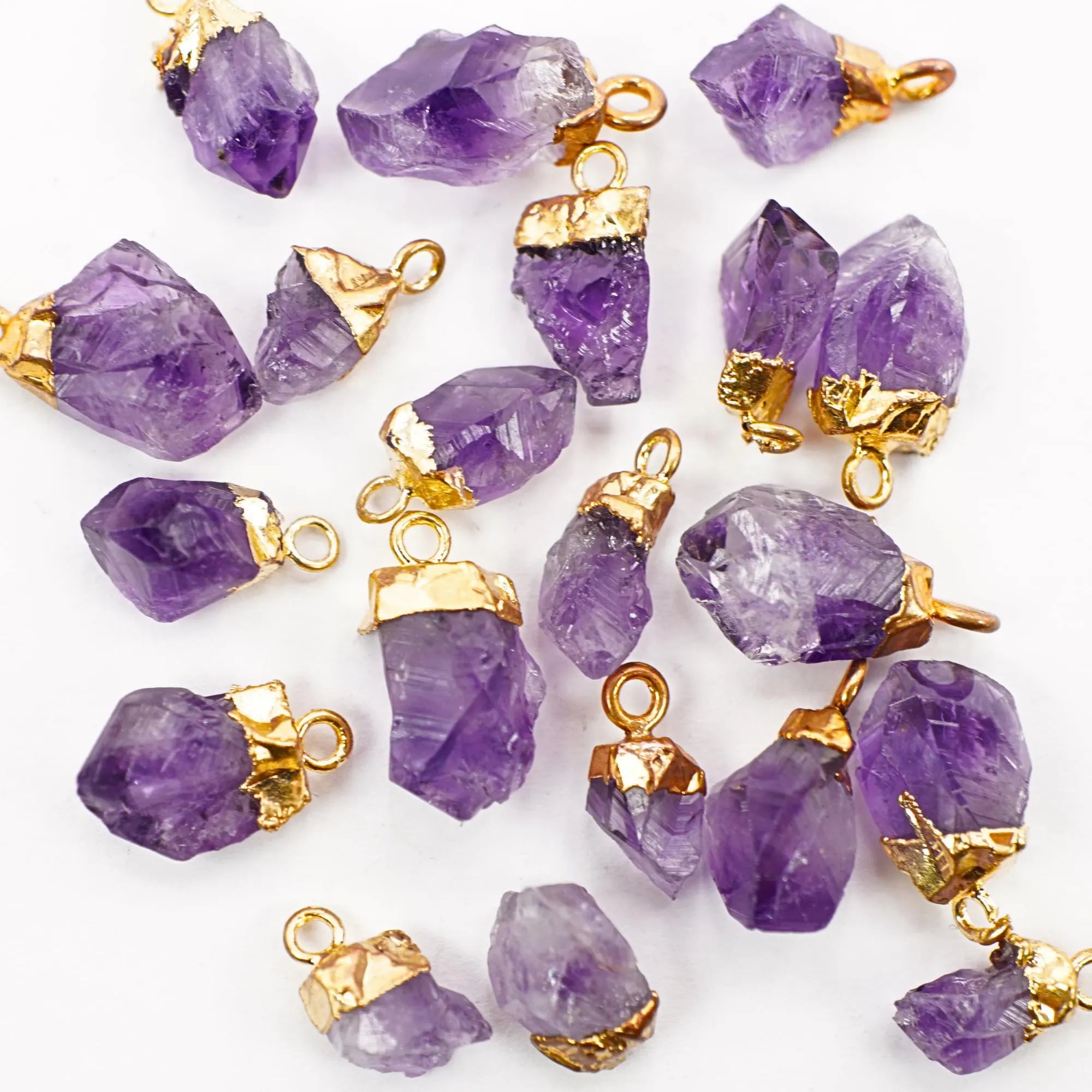 Amethyst Gold Electroplated Gemstone Charms Set of 2 Rough Stone Charm for Jewelry Making, 15 X 7.5 MM