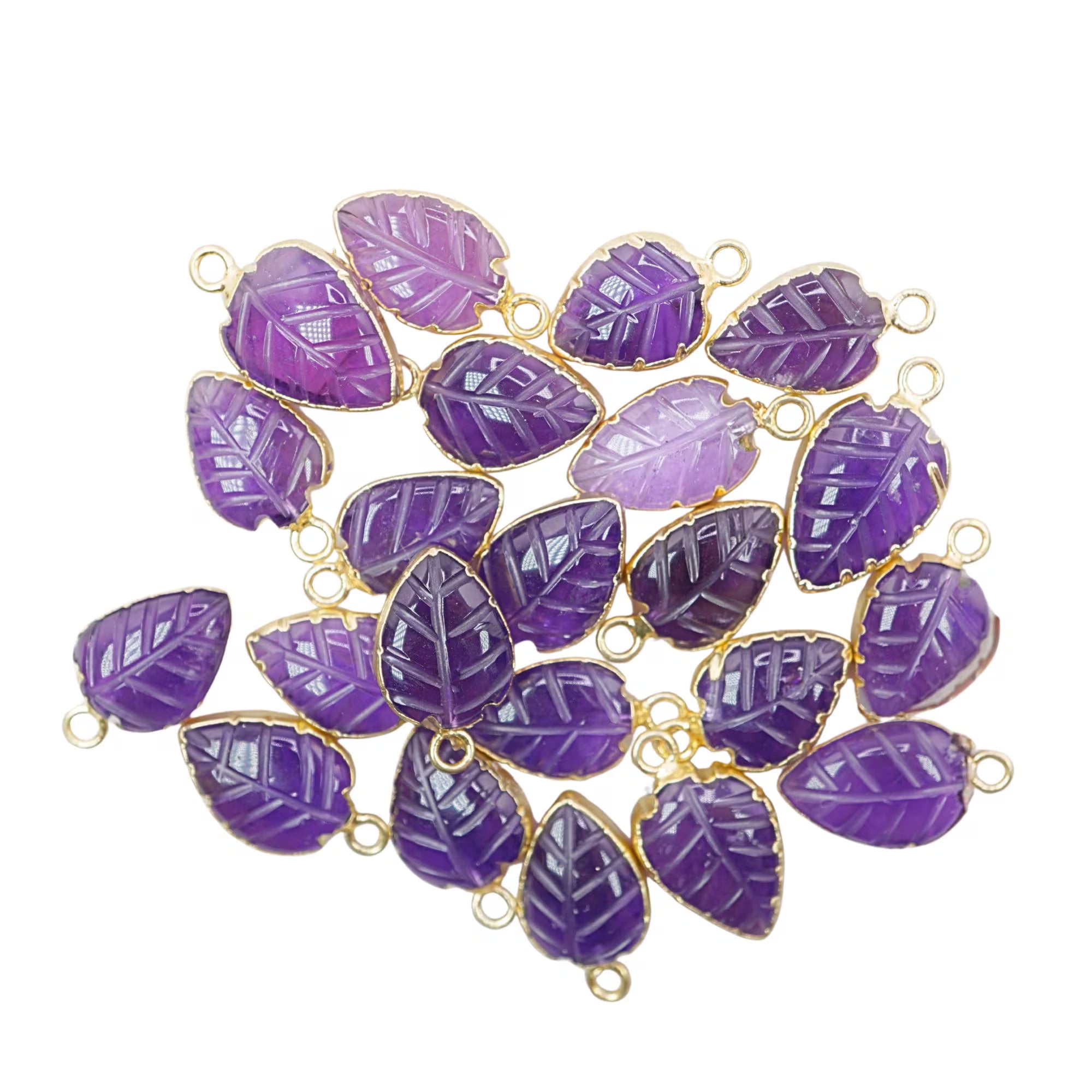 Amethyst Leaf Shape Carved Carving Gemstone Gold Electroplated Charm Pendant