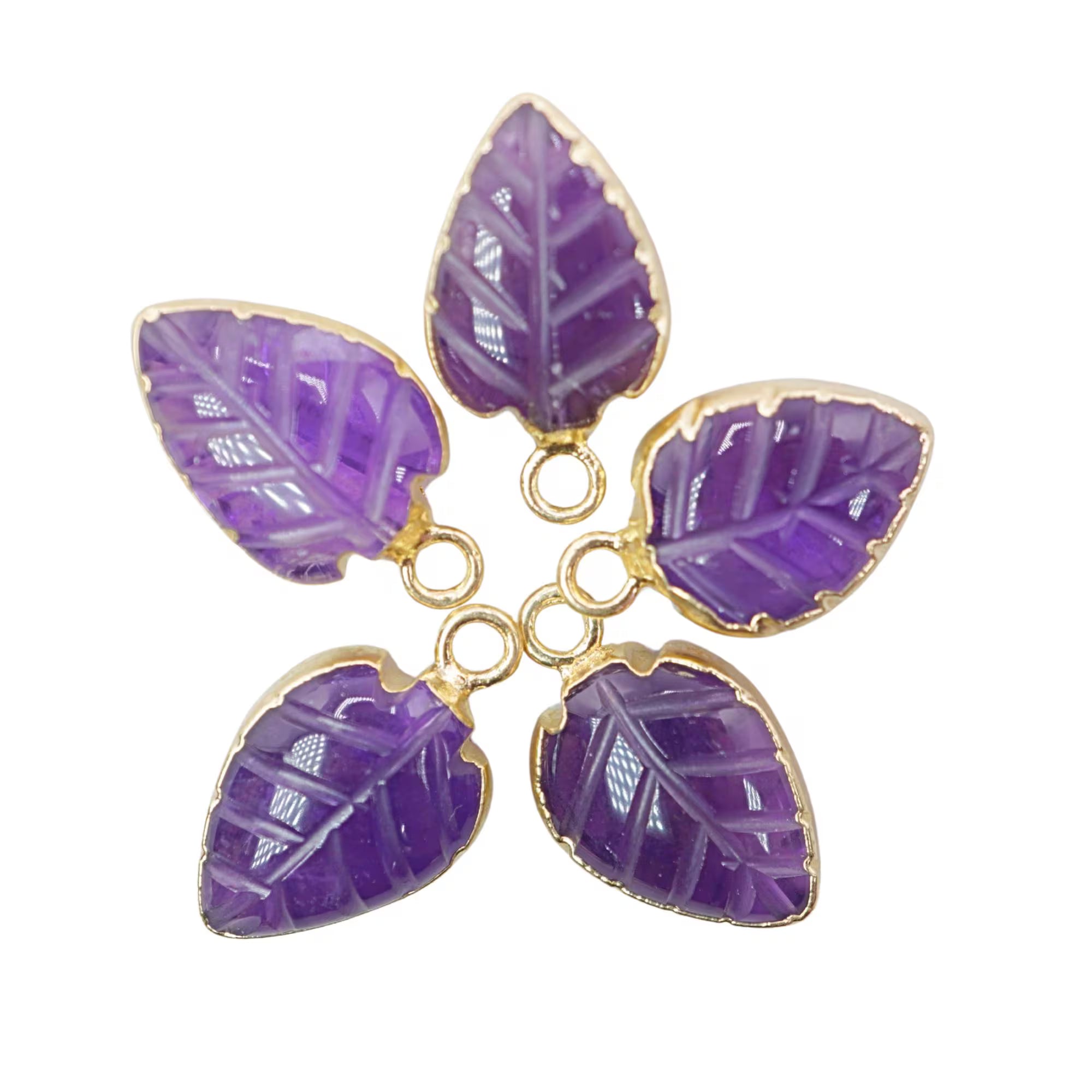 Amethyst Leaf Shape Carved Carving Gemstone Gold Electroplated Charm Pendant