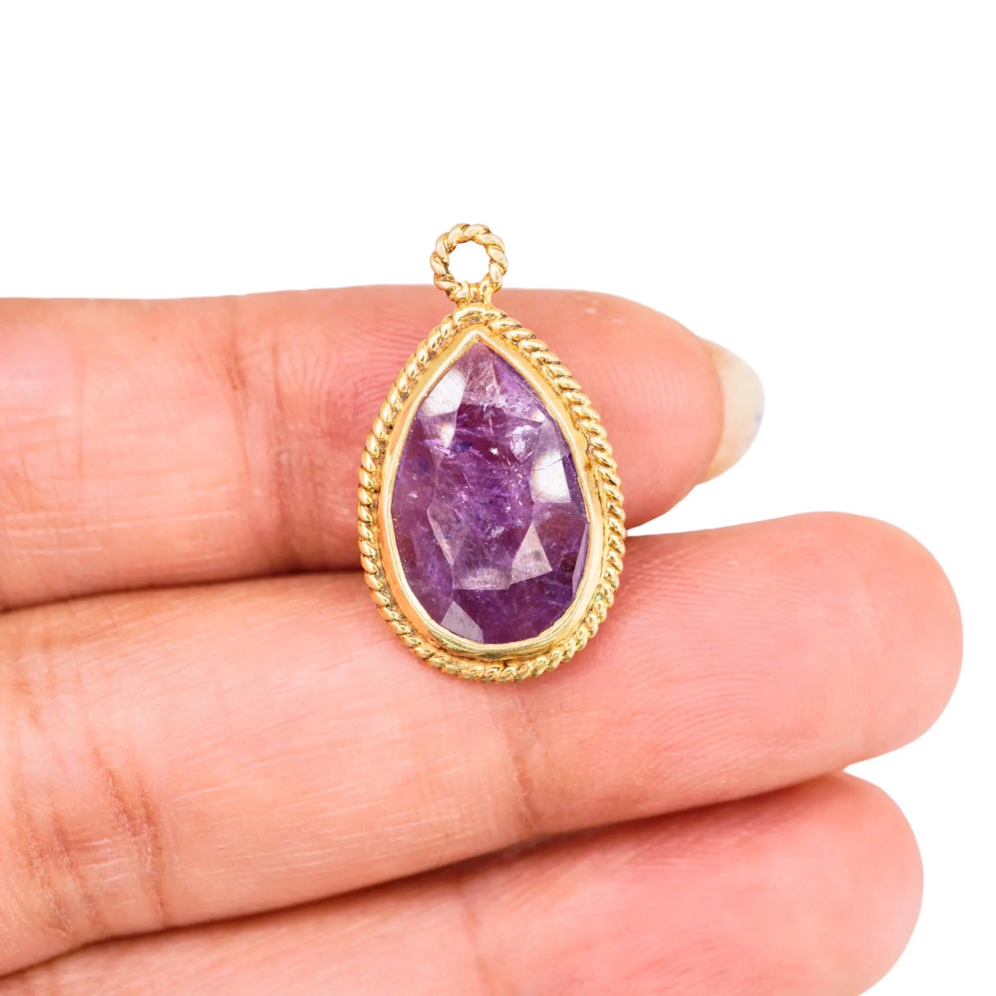 Amethyst Pear Shape Gemstone Gold Plated Sterling Silver Twisted Wire Charm Pendant